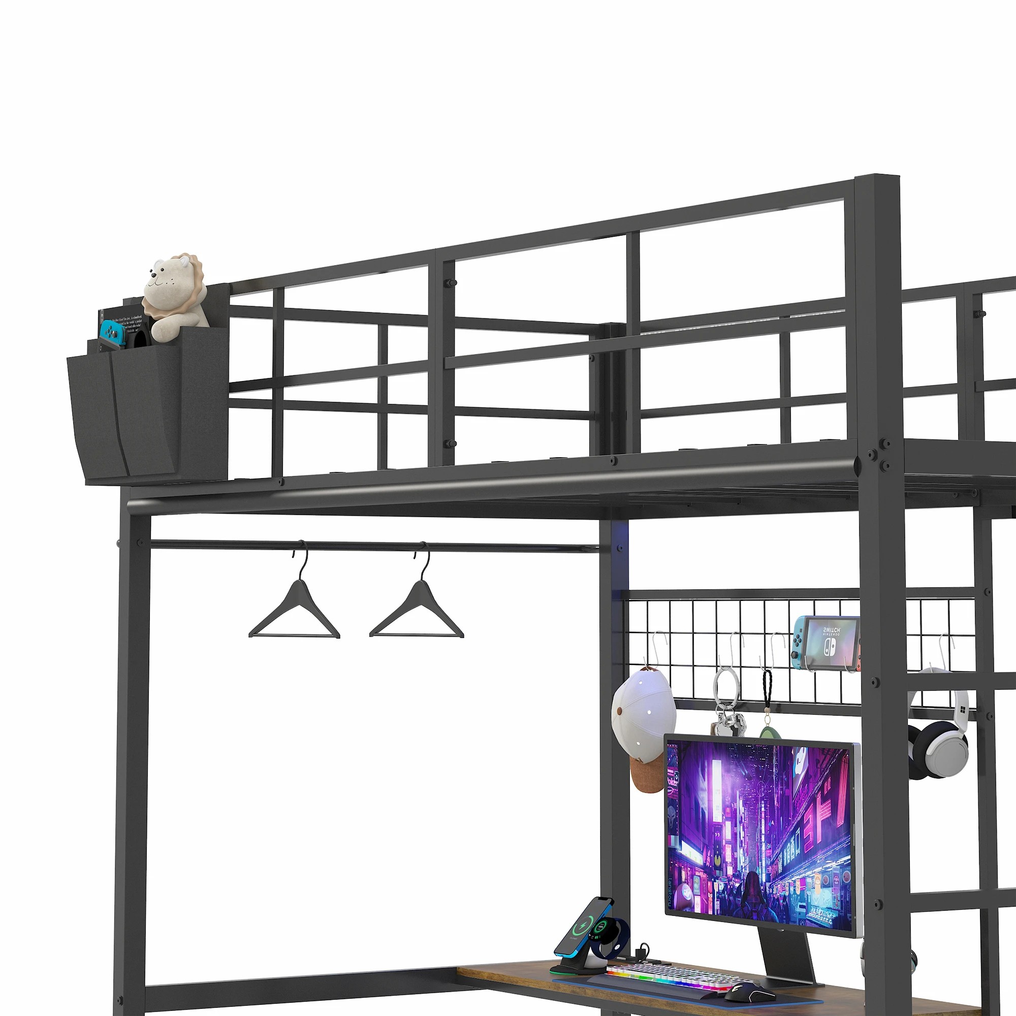 4 Advwin L-Shaped Bunk Bed with Desk Charging Station LED Light King Single - Black, 4 of 8