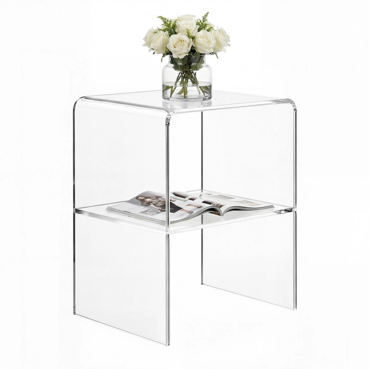 3 LUXSUITE Clear Acrylic Bedside Table 2-Tier Transparent Nightstand Modern Minimalist Lucite End 10mm Thick, 3 of 3
