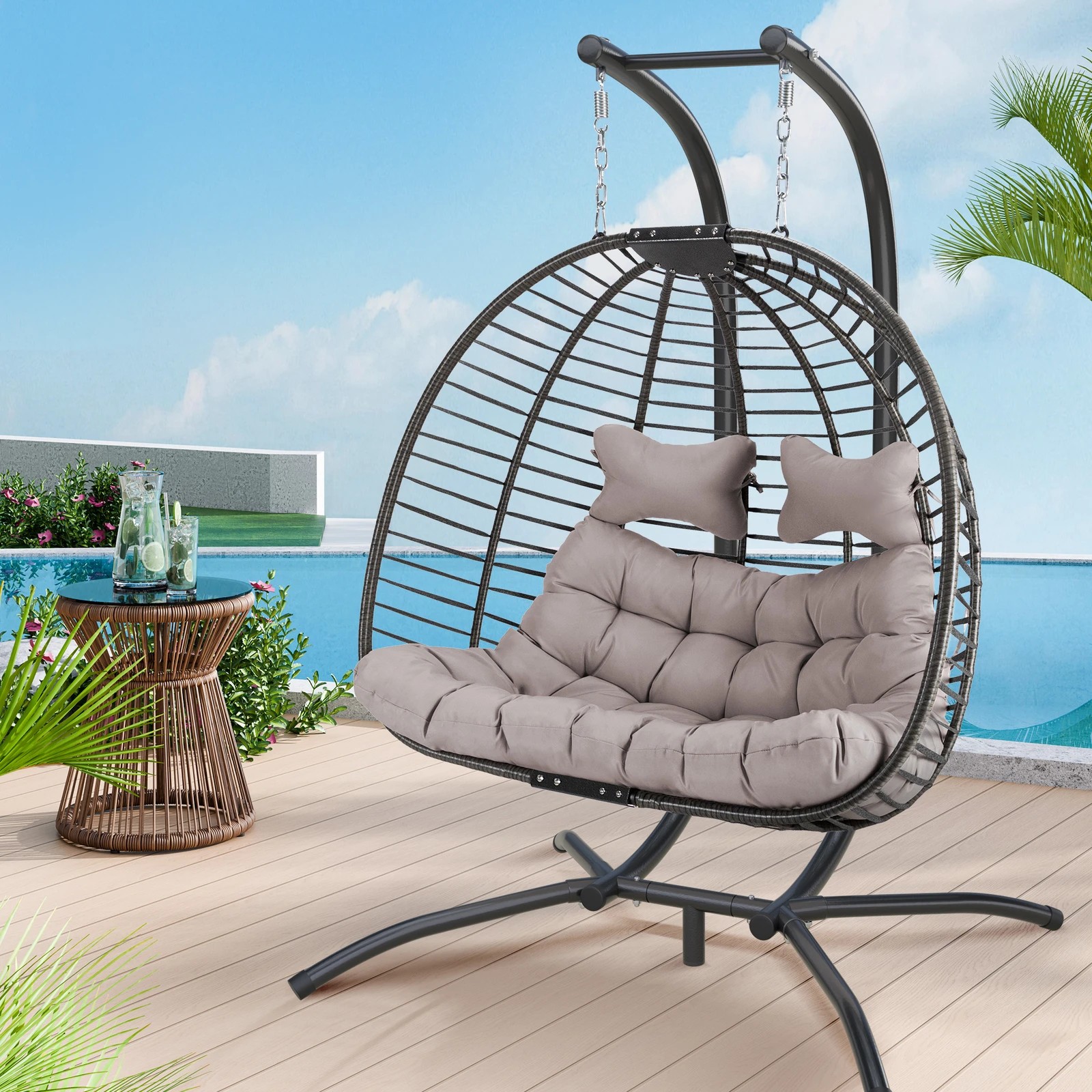 2 Alfordson Outdoor Egg Swing Chair 2 Seater Wicker Rattan Pod Hanging - Light Grey, 2 of 10