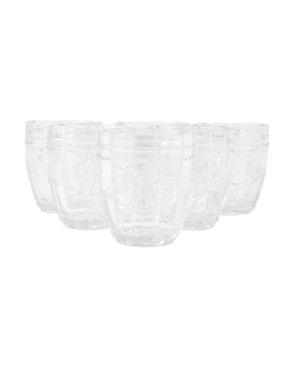 6 Clear Ornate Tumbler Glasses