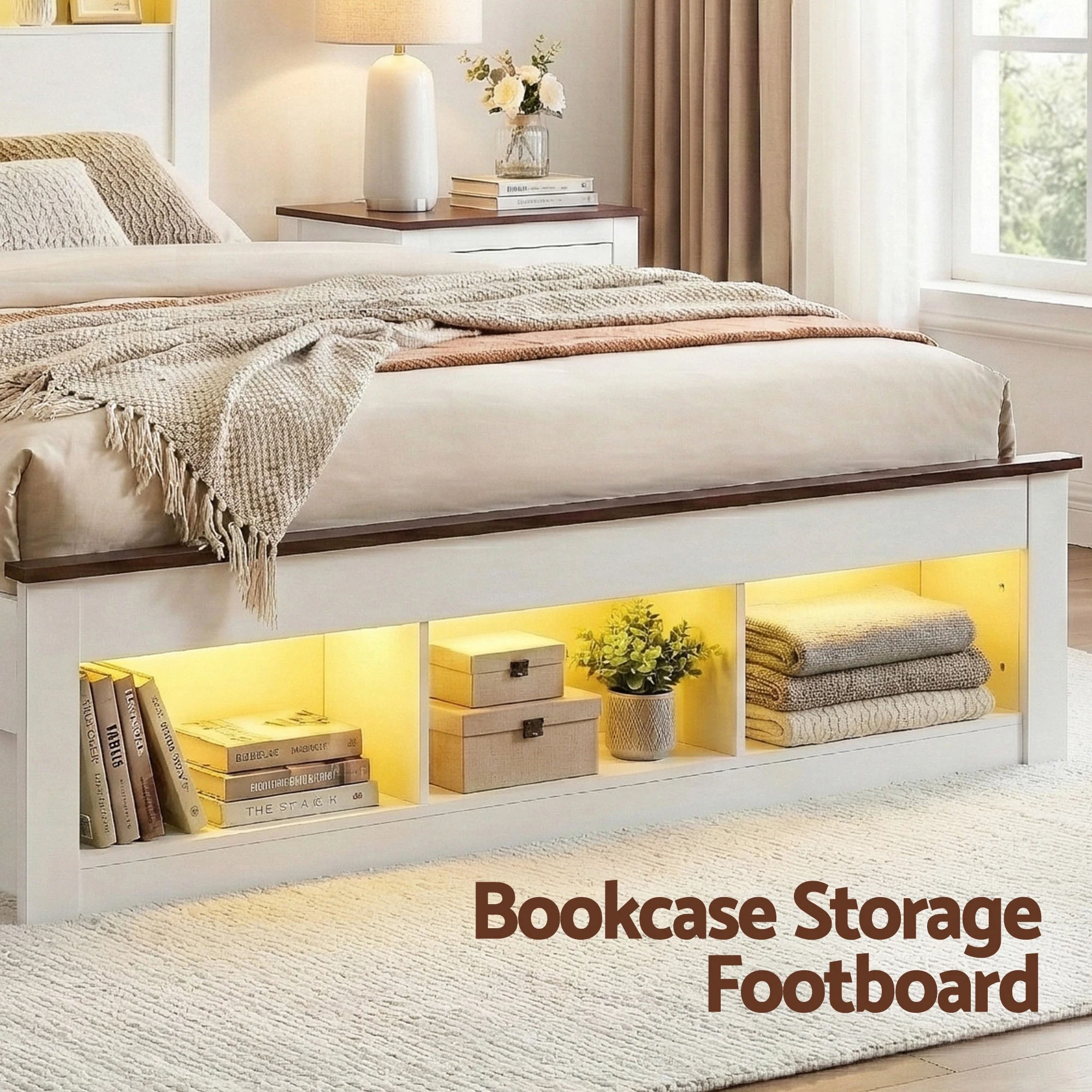7 Artiss Queen Bed Frame with Storage Bookcase Headboard and Footboard - White, 7 of 7
