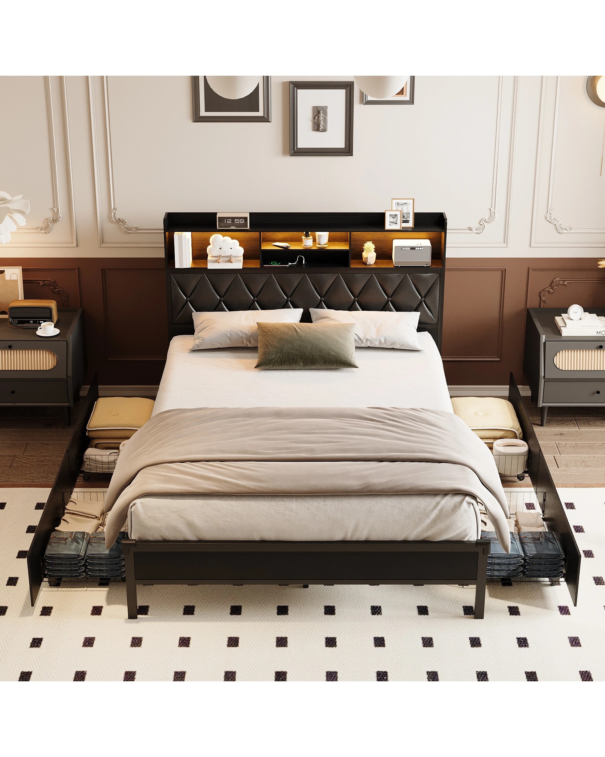 8 Advwin Queen Bed Frame with 4 Storage Drawers and Charging Station - Black, 8 of 9