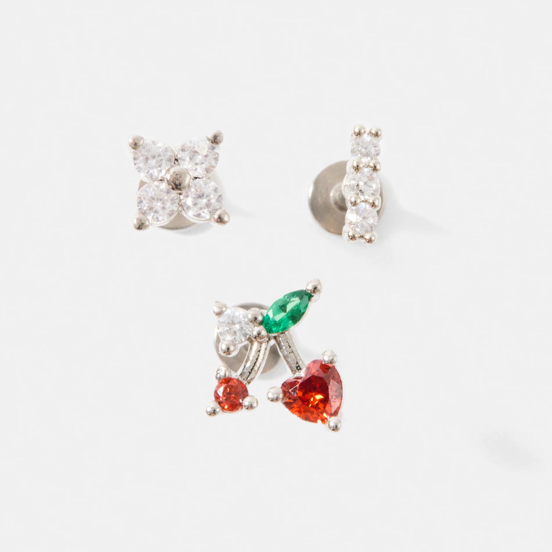1 3 Pack Cubic Zirconia Cherry Ear Piercing Studs - Silver Tone GOLD, 1 of 4