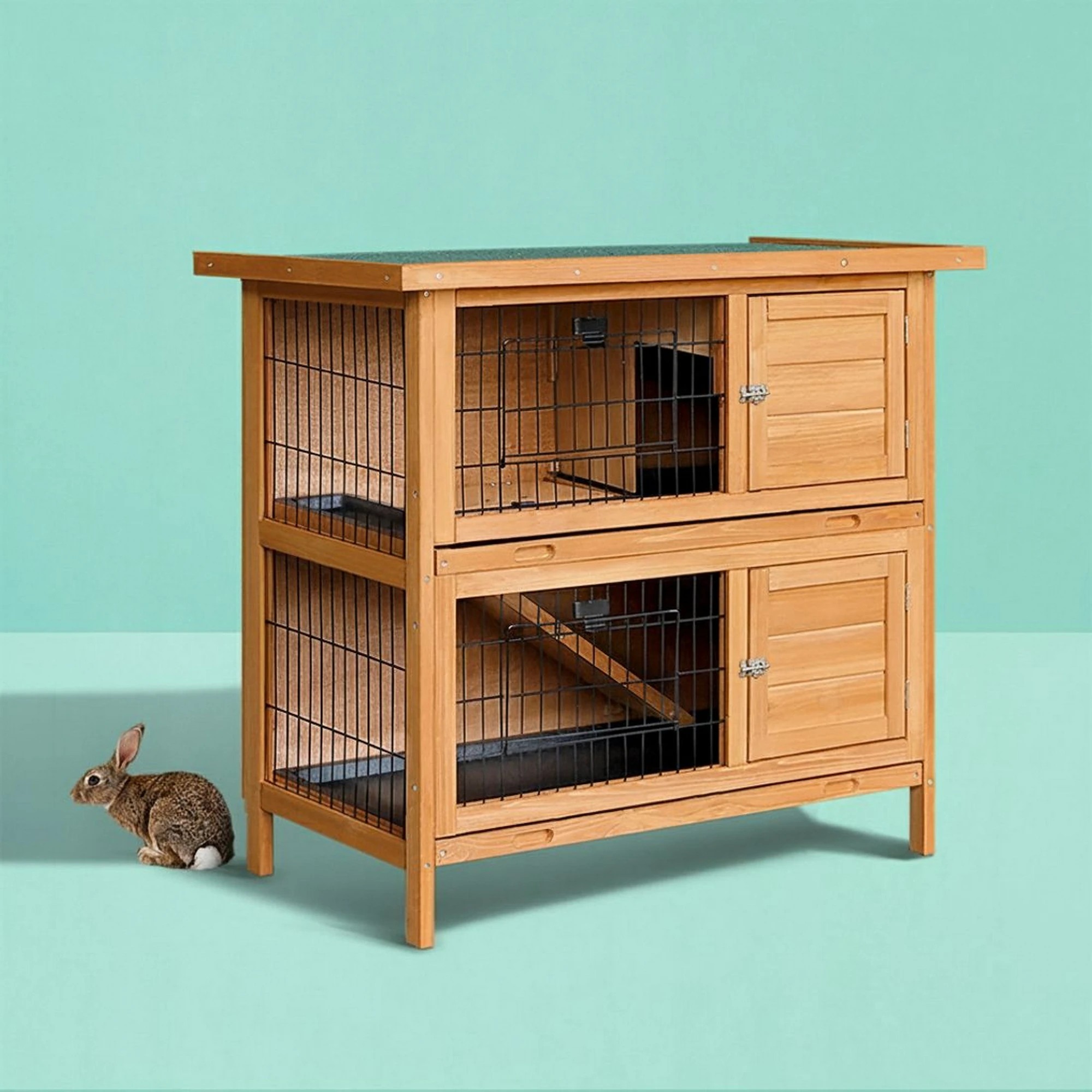 2 i.Pet Rabbit Hutch Chicken Coop Large Wooden House Run Cage - Brown, 2 of 9