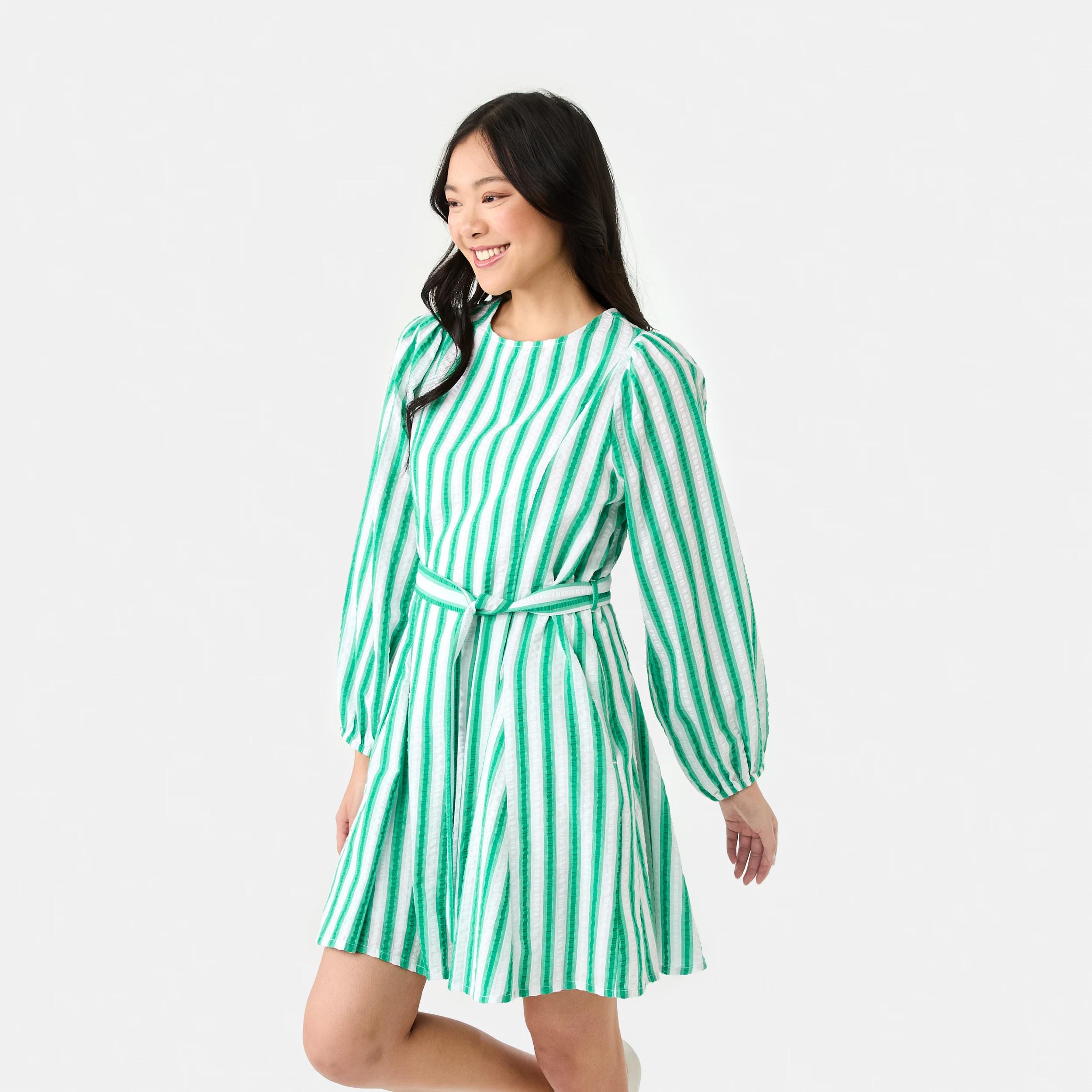 3 Long Balloon Sleeve Crew Neck Mini Dress S Strp Grn, 3 of 9
