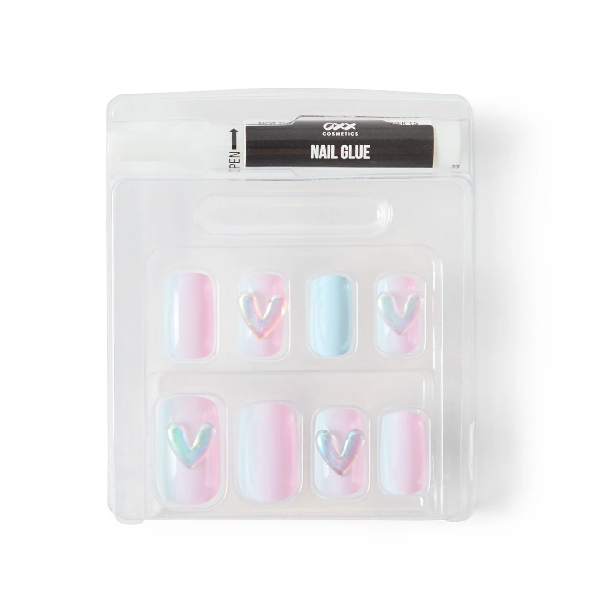4 OXX Cosmetics 24 Pack Artificial Nails with Adhesive - Medium Square Shape, Pink and Blue Holographic 3D Hearts, 4 of 5