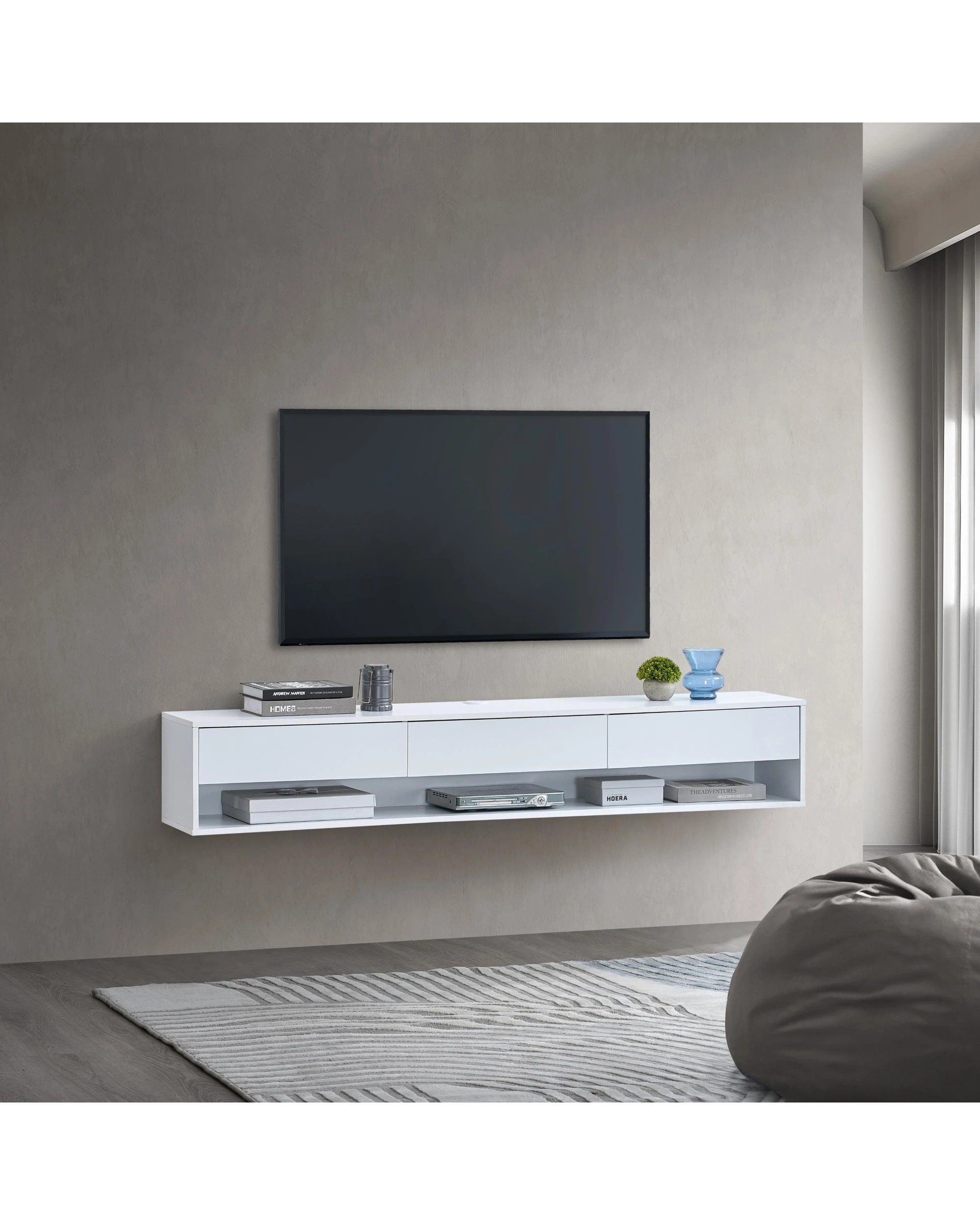 3 Kodu Wall Mount Entertainment TV Unit Floating 3 Drawers 180cm - White, 3 of 7
