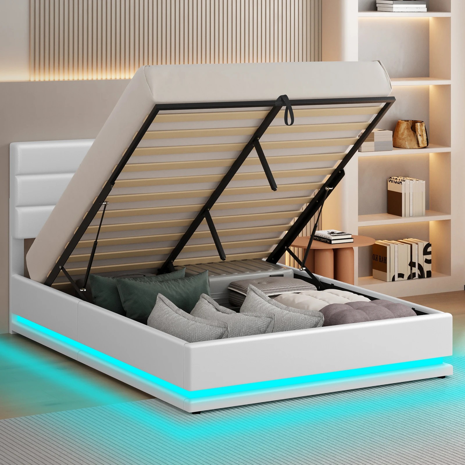 5 Alfordson Bed Frame Double Size Platform RGB LED Gas Lift Base Storage - White, 5 of 10