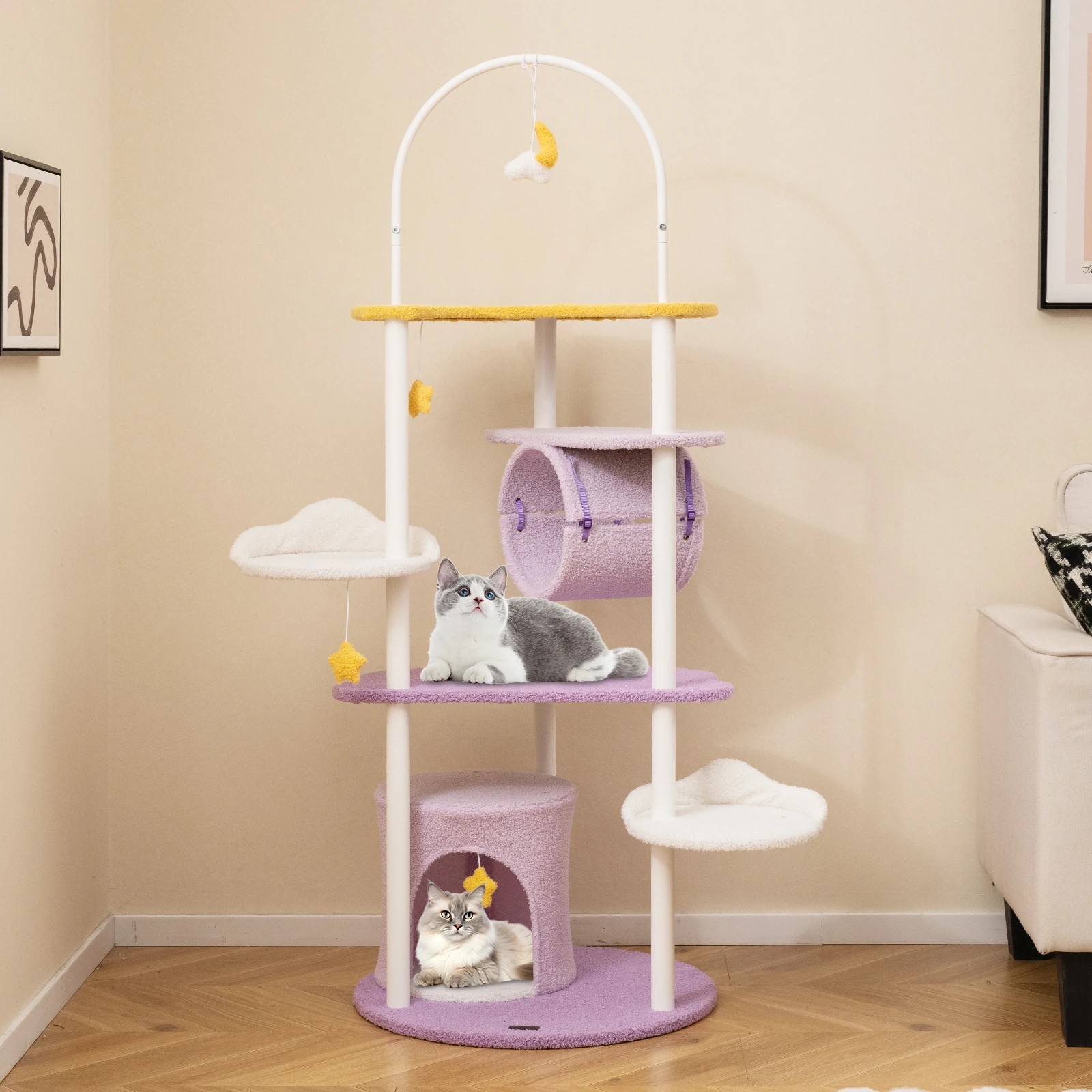 3 Costway 158cm Multi-level Cat Tree Sky-Theme Kitty Climbing Tower w/Hanging Toys, 3 of 7