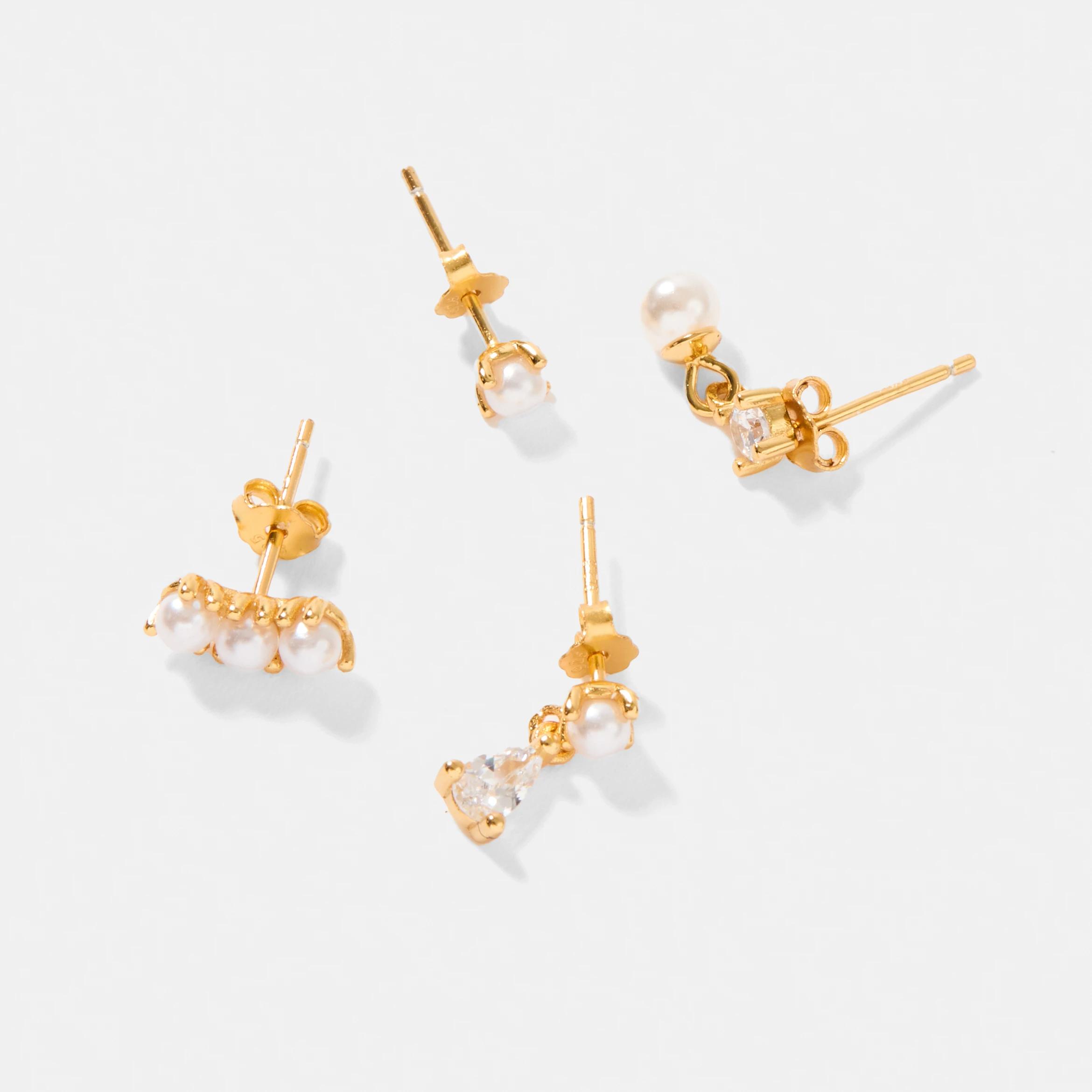 2 4 Pack Cubic Zirconia Gold Plated Sterling Silver Faux Pearl Stack Earrings Gold, 2 of 4