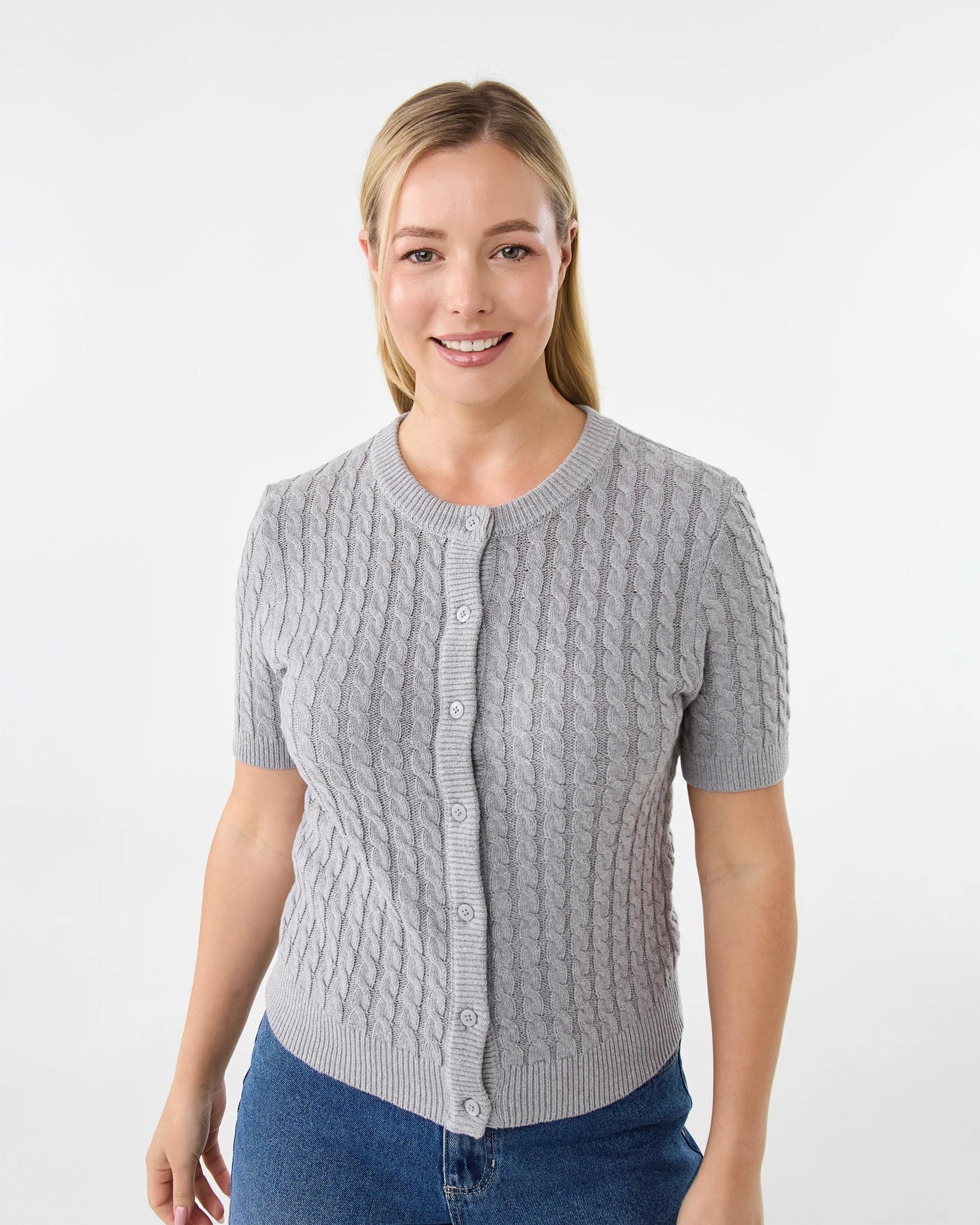 1 Short Sleeve Lightweight Cable Cardigan Grey Marle, 1 of 7