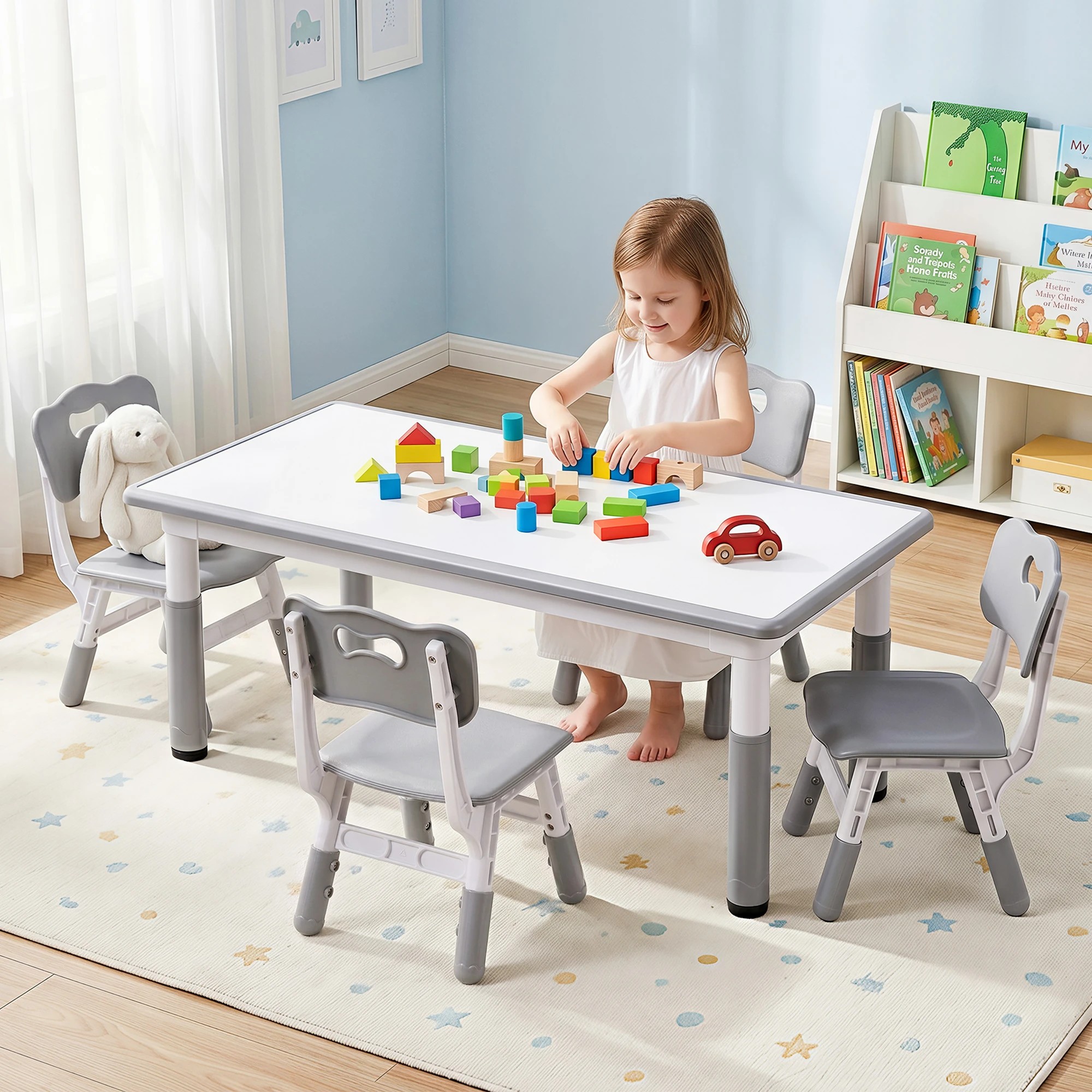 8 Keezi Kids Table and 4 Chairs Set Height Adjustable Toddler Activity Table Graffiti Top - Multi, 8 of 9