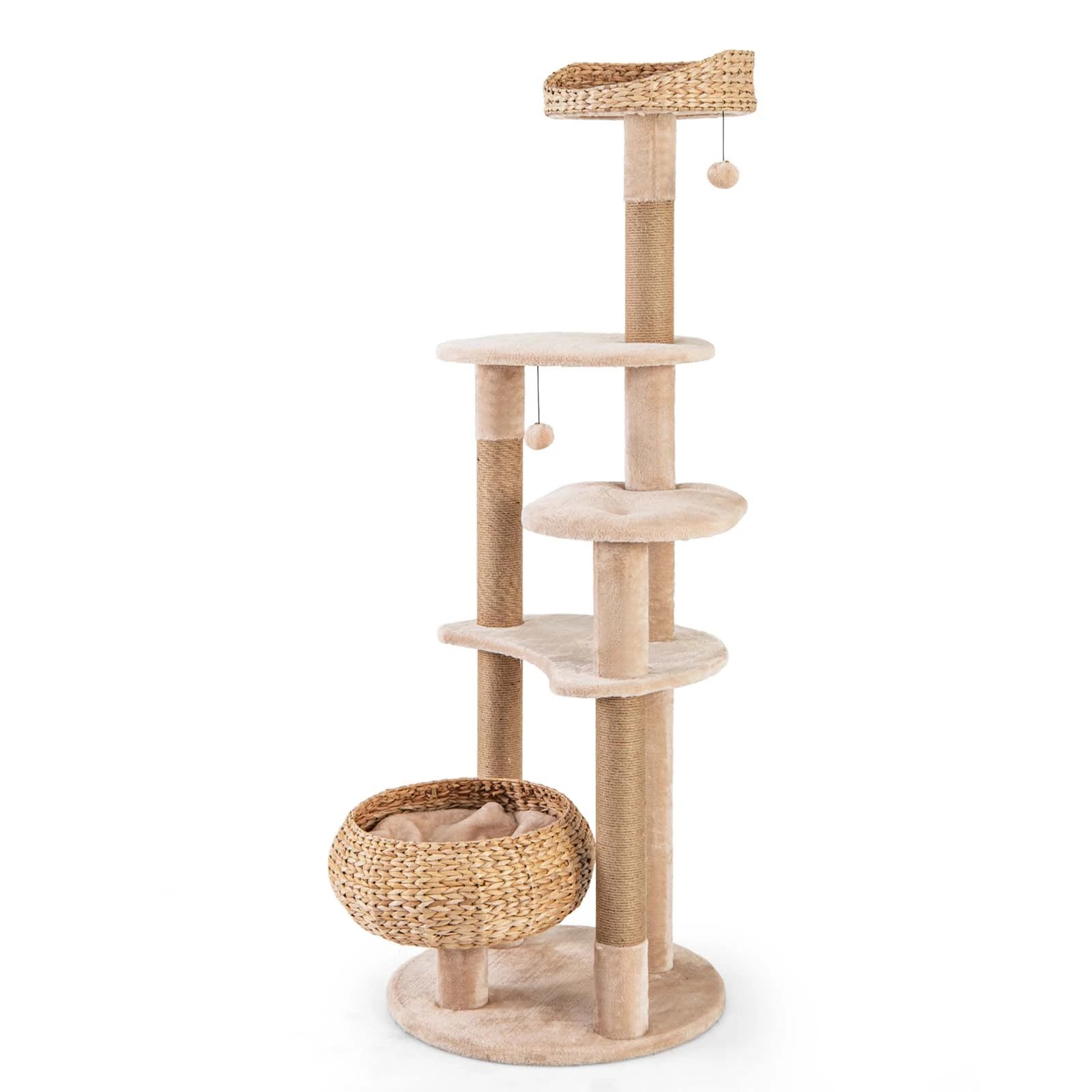 1 Costway 164cm Wooden Cat Scratching Post w/Dangling Balls - Beige, 1 of 3