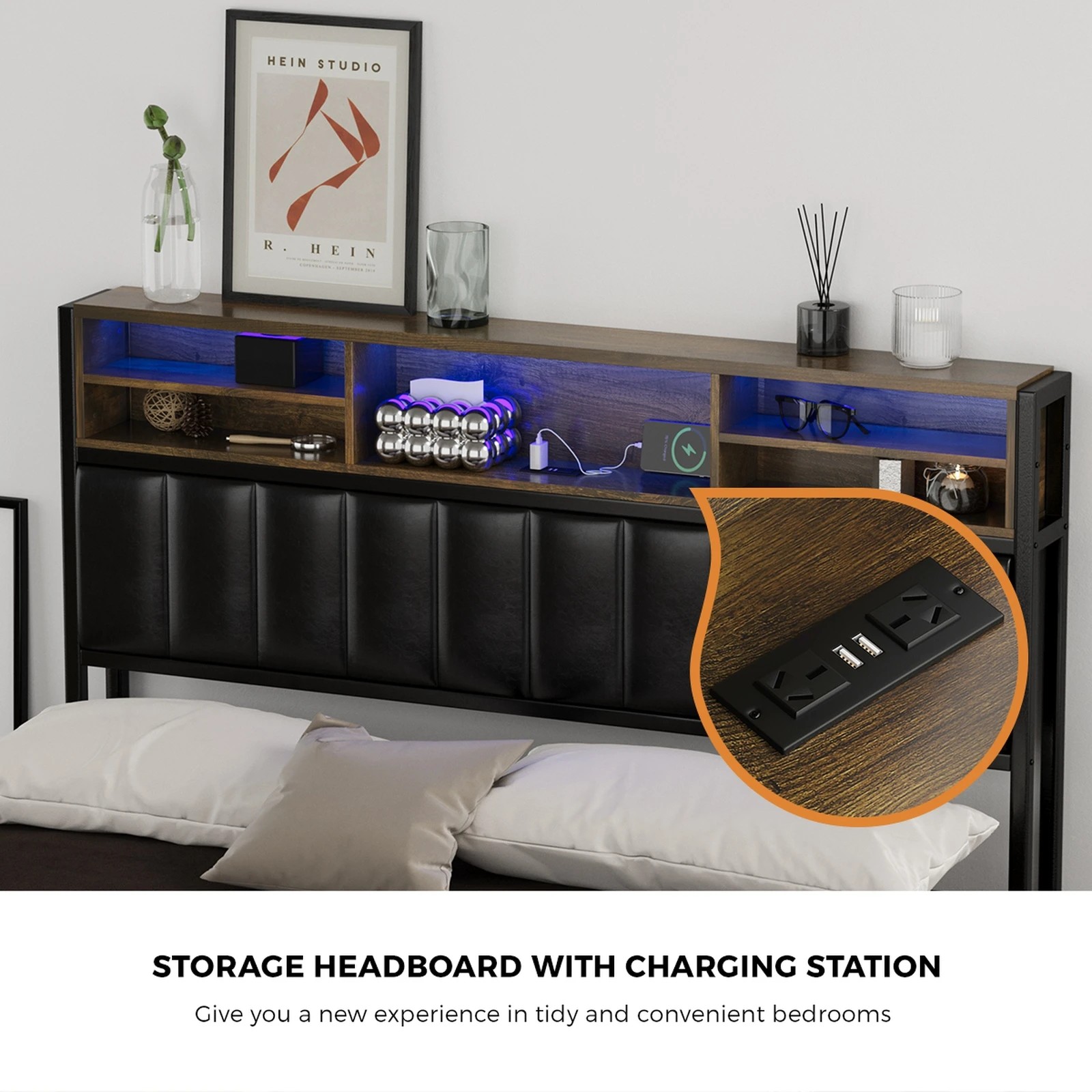 4 Oikiture Bed Frame Double Size LED Storage Headboard USB Charge 2 Drawers - Black, 4 of 9