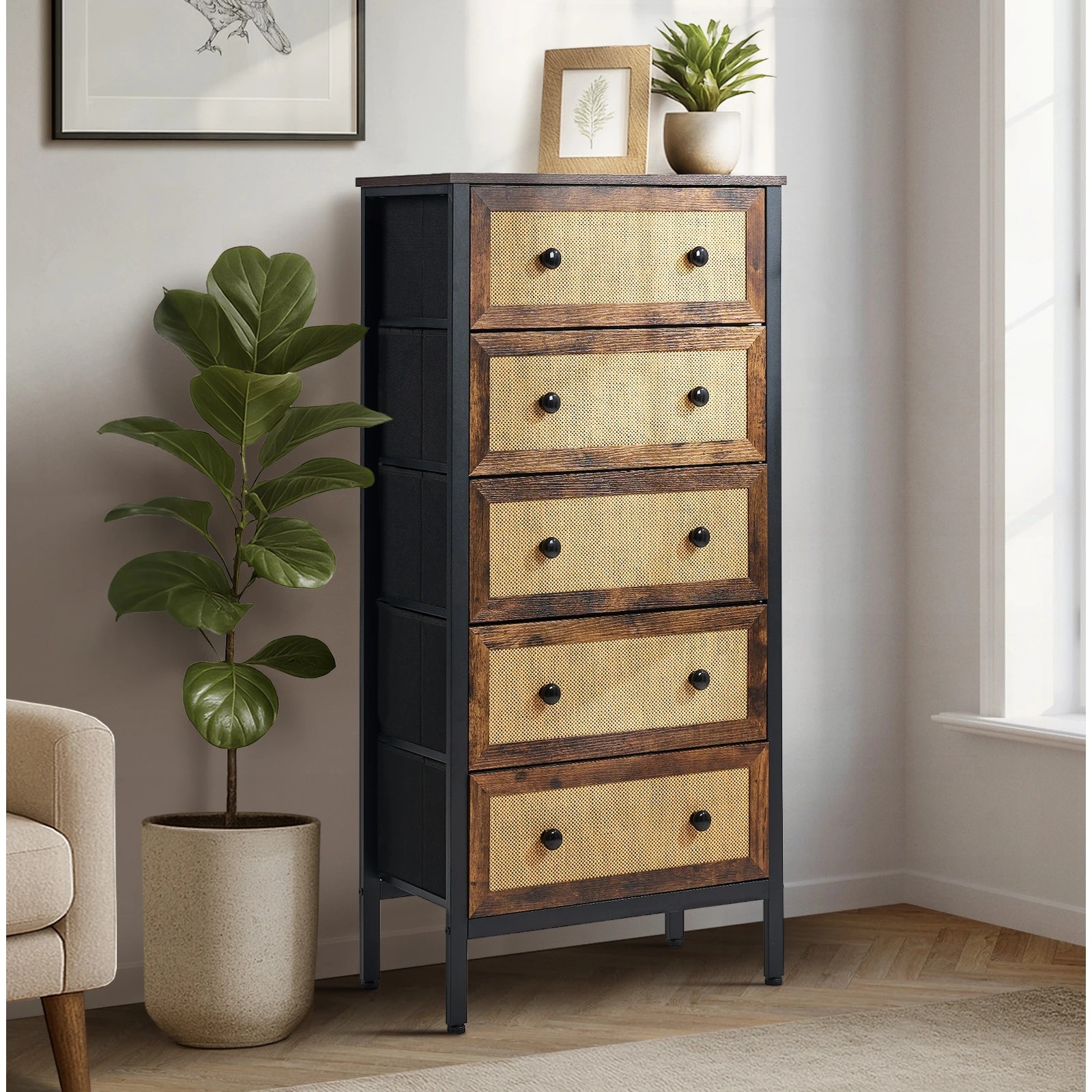 6 Oikiture 5 Chest of Drawers Storage Cabinet Rattan Fabric Dresser Tallboy - Multi, 6 of 6