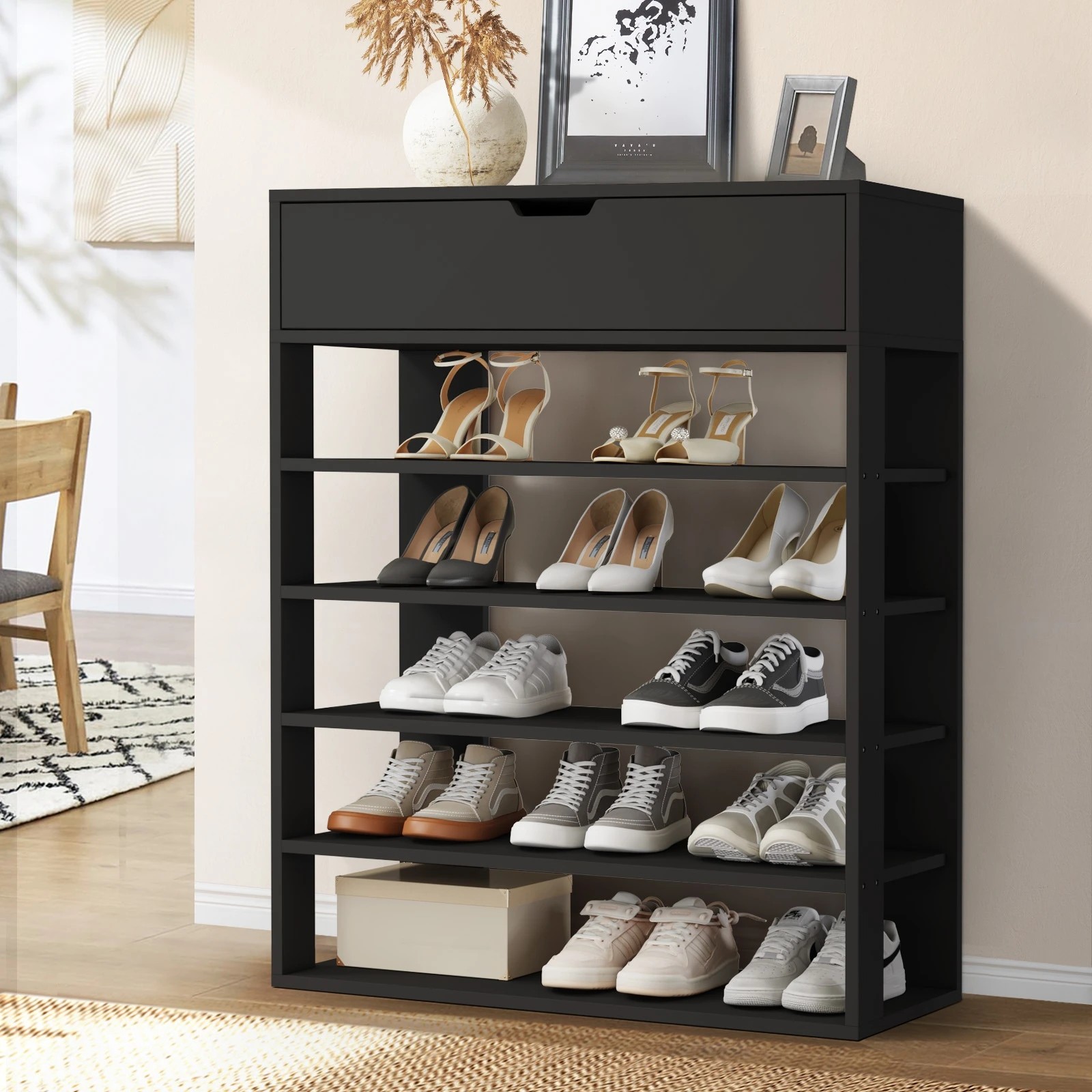 2 Oikiture Shoes Storage Rack 5-tier Shelves Shoe Storage Cabinet Drawer
 - Black, 2 of 10