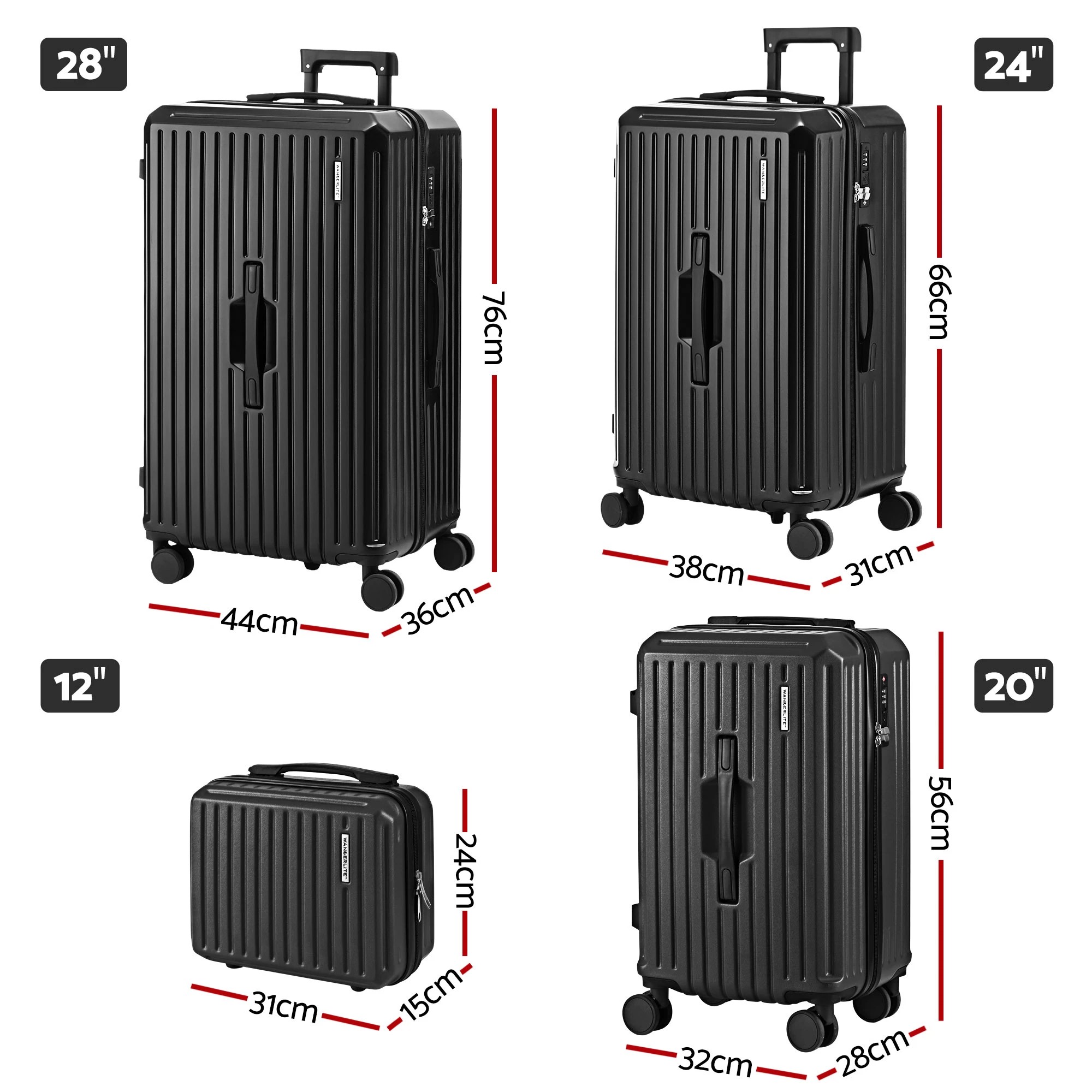 1 Wanderlite 4pcs Trunk Luggage Suitcase Set Travel Carry On TSA Lock - Black, 1 of 9