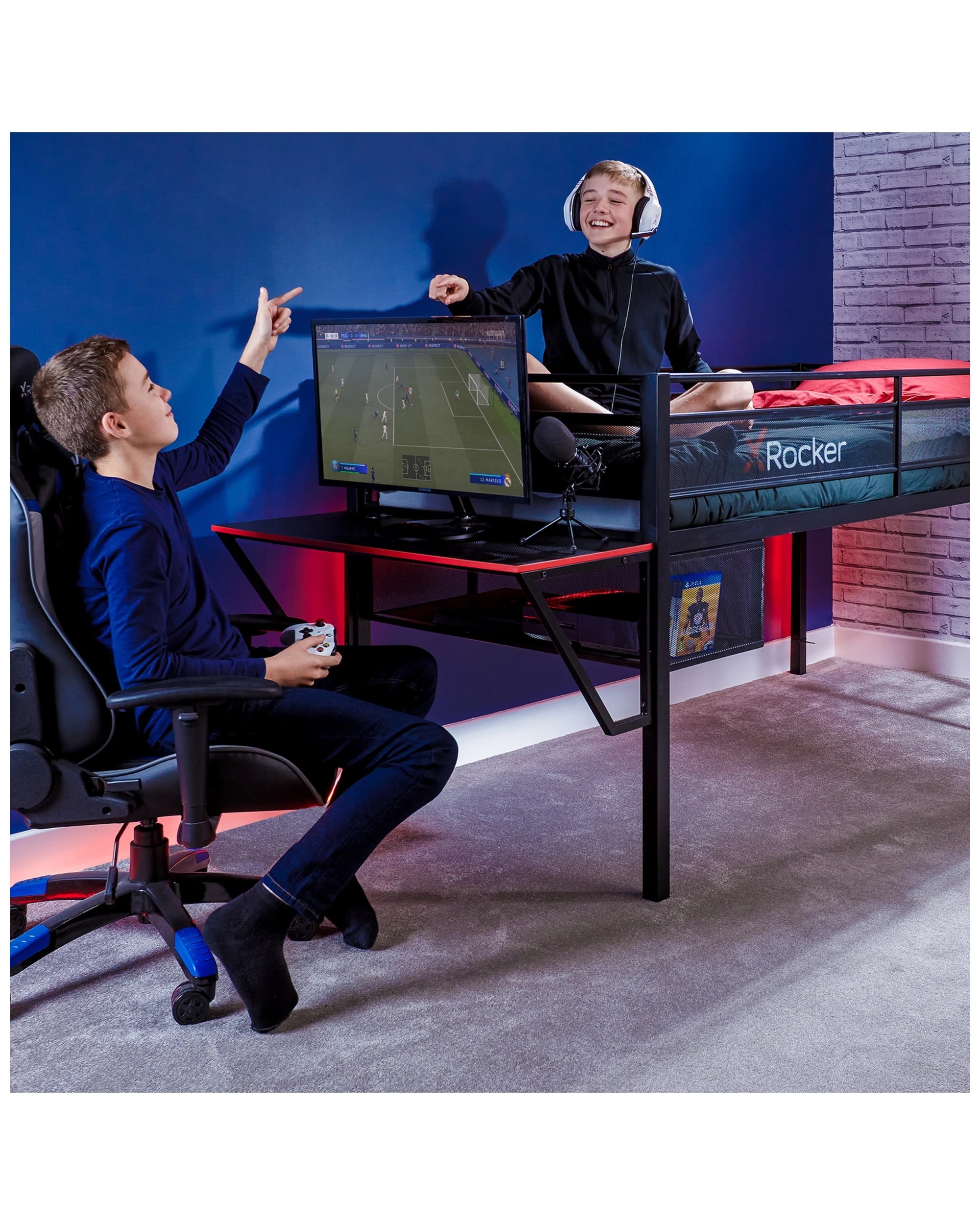 4 X Rocker Sanctum Gaming Mid Sleeper Elevated Bed W/ Gaming Desk/shelf Black
 - Black, 4 of 7