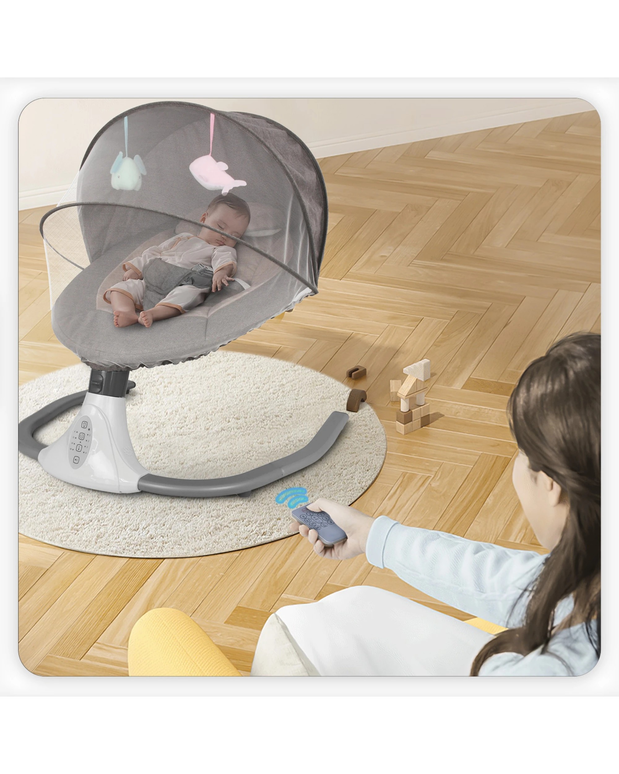 9 Advwin Electric Baby Swing Baby Bouncer Rocker w/ Mosquito Net Toddler Seat Soft Peachskin Grey, 9 of 9