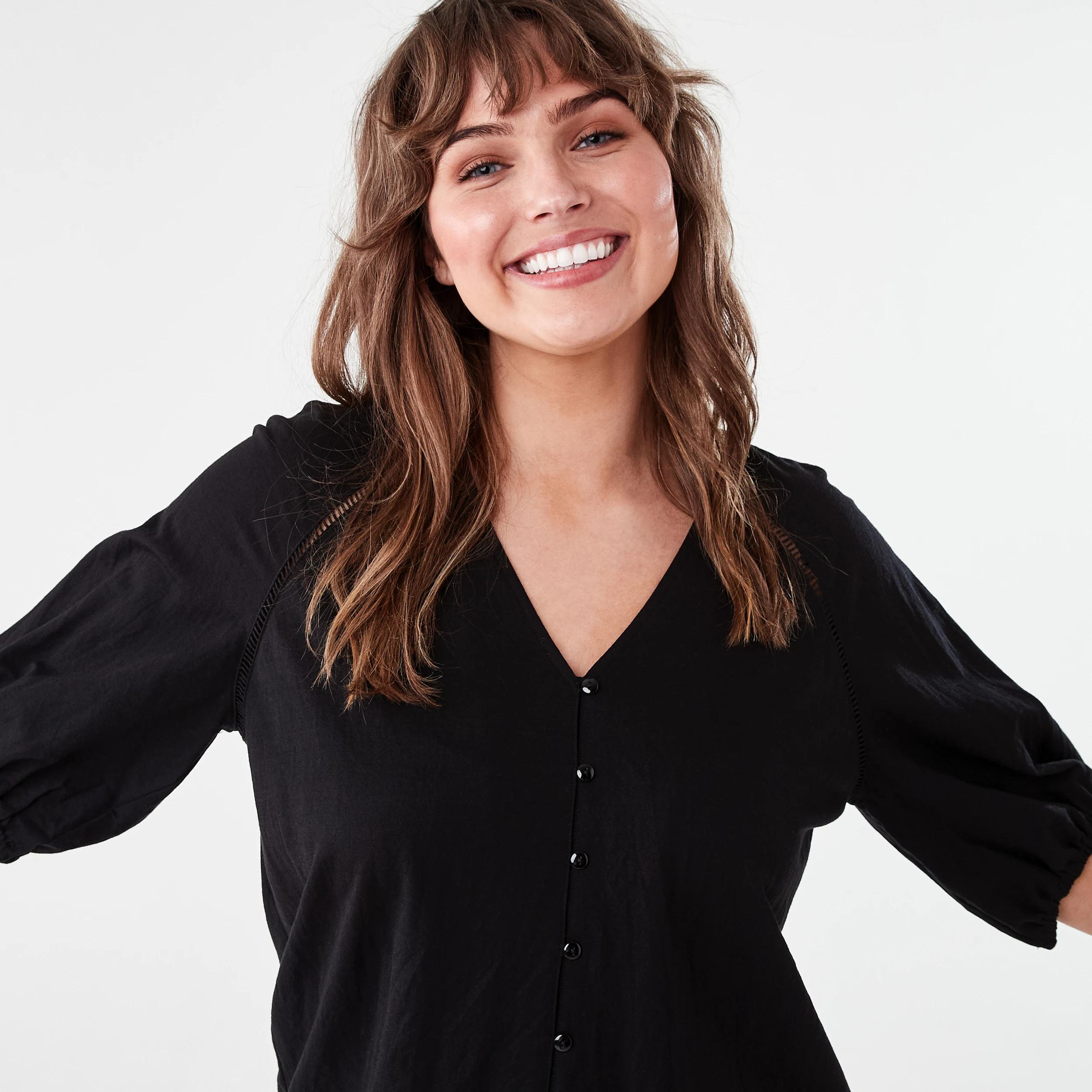 4 Short Sleeve Button Detail Top BLACK, 4 of 6