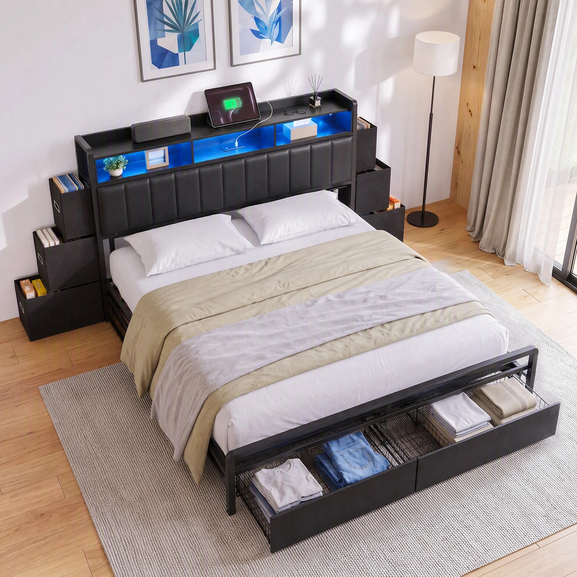 1 Artiss Bed Frame with Storage Headboard, 2 Drawers Charging Station LED Light - King Bed - Black, 1 of 10