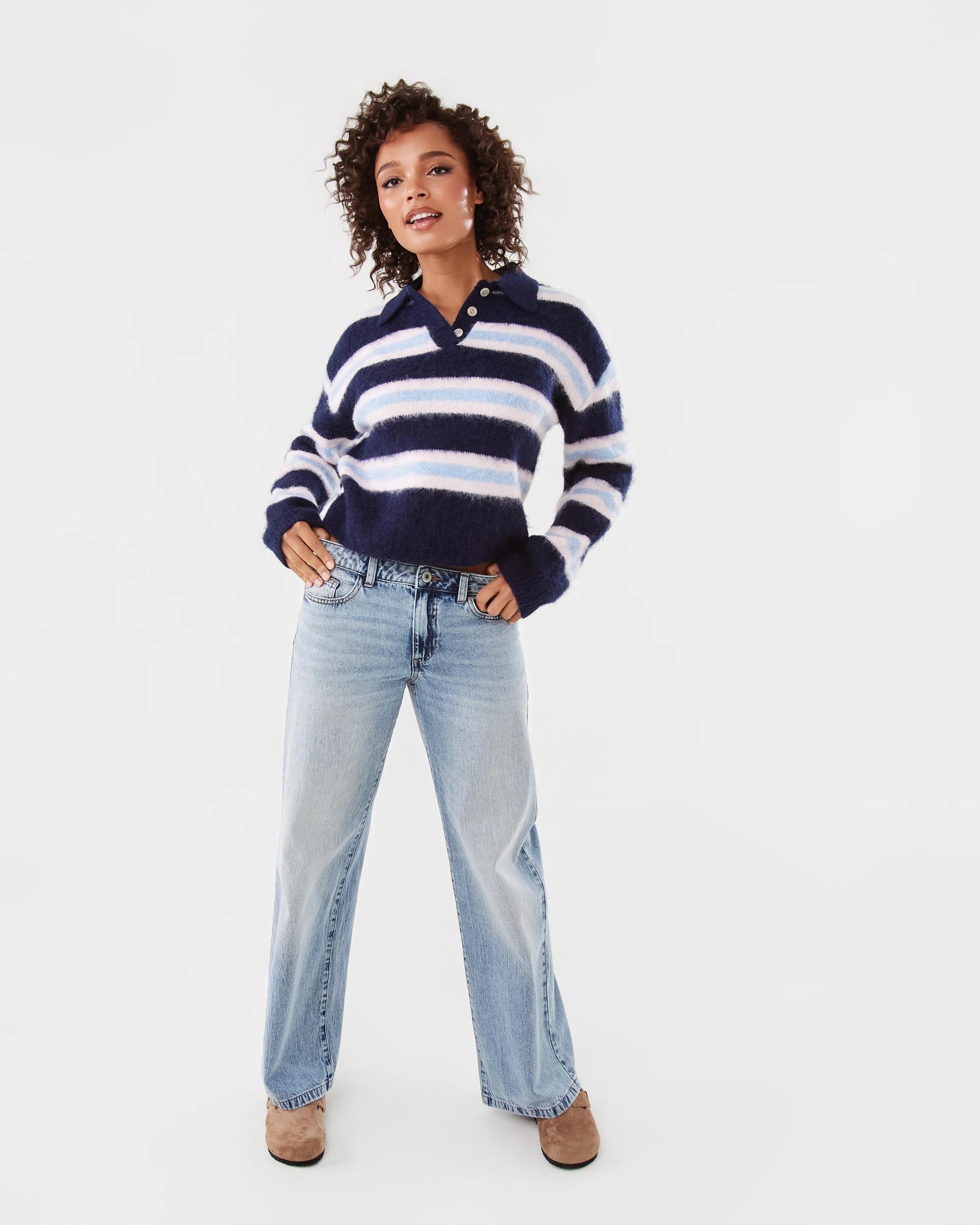 2 Long Sleeve Fluffy Polo Jumper Blu Stripe, 2 of 6