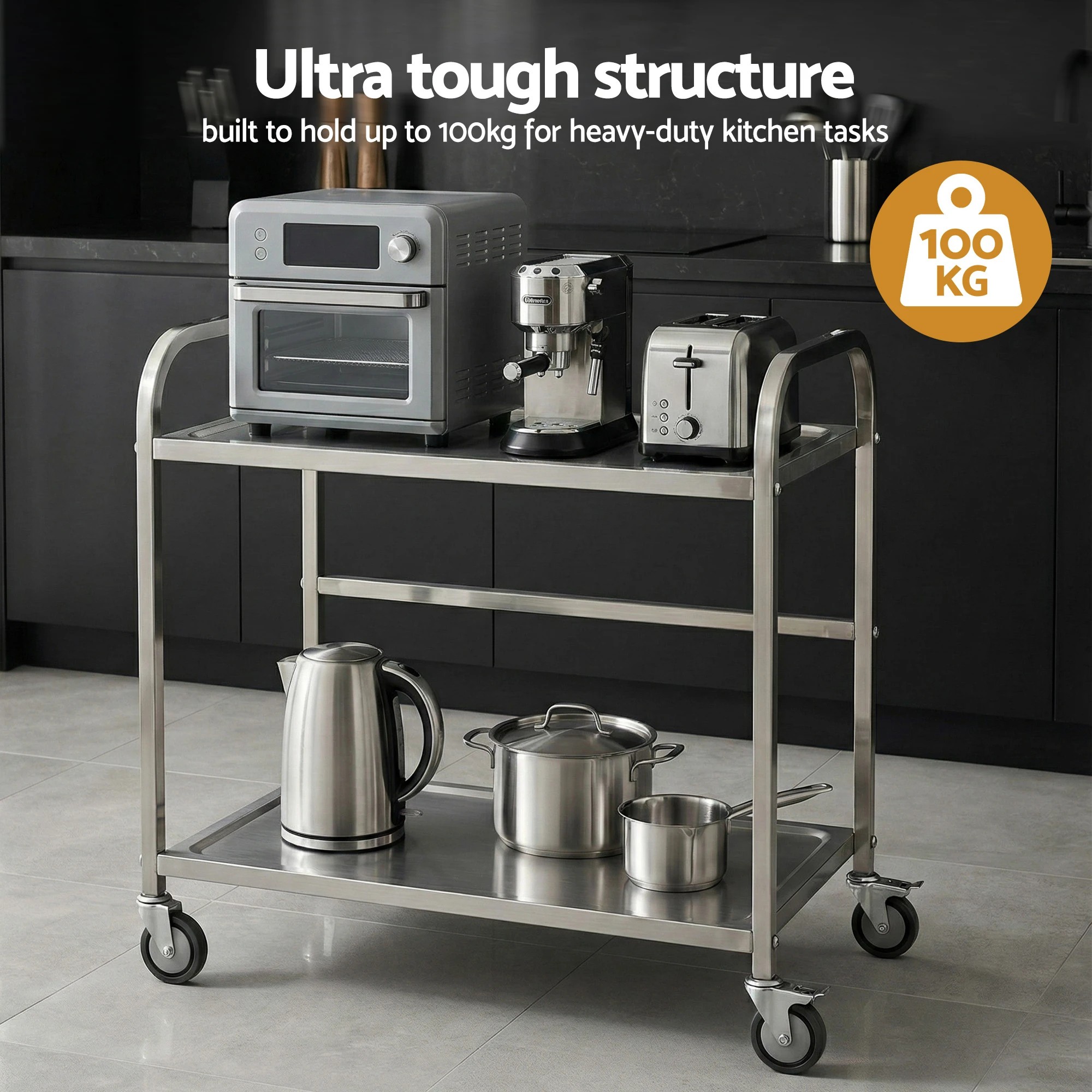 5 Cefito 2-Tier Stainless Steel Kitchen Trolley with Wheels 84x56x98cm - Silver, 5 of 6