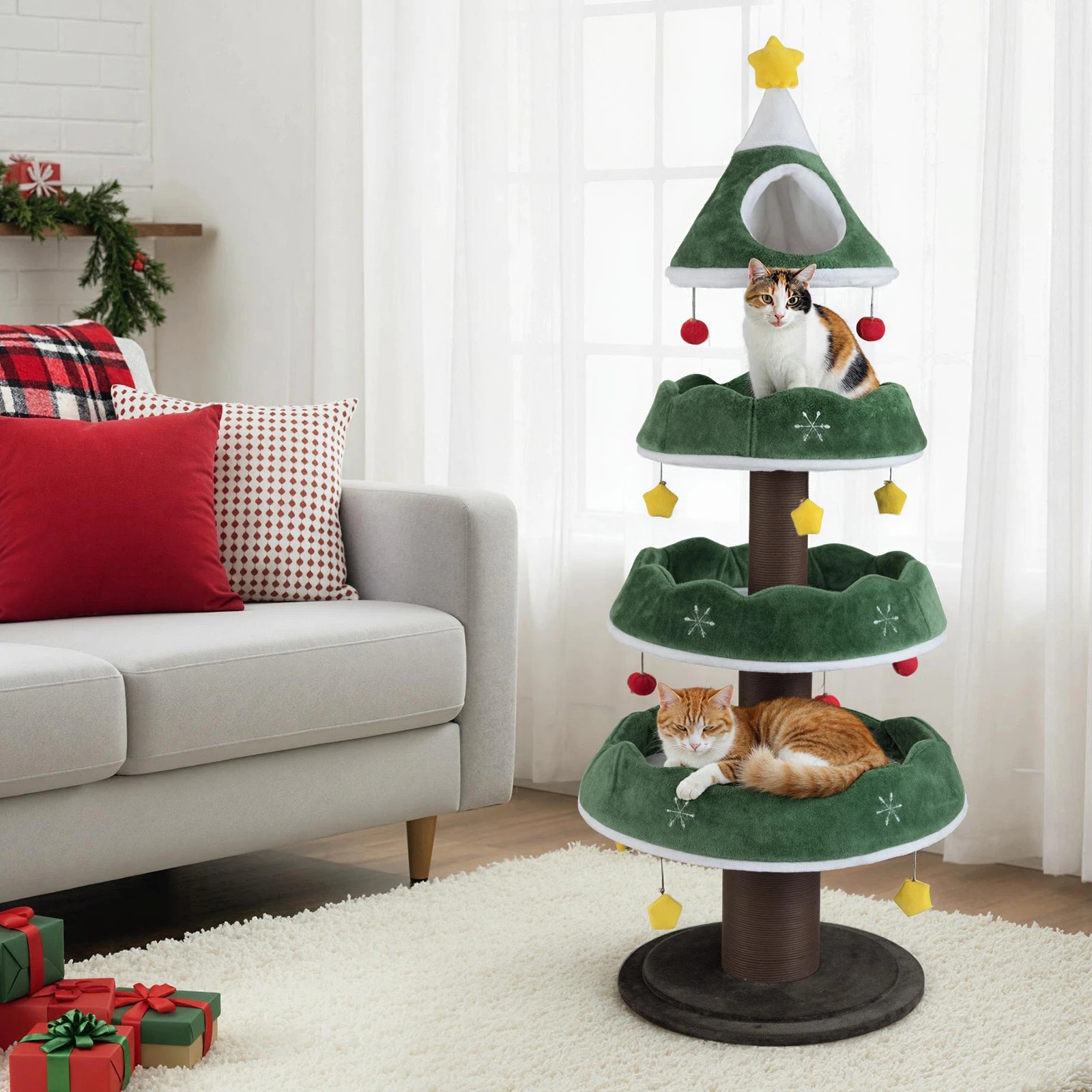 3 Costway 179cm Christmas Cat Tree Plush Cat Tower Multi-Level Pet Indoor Furniture, 3 of 4