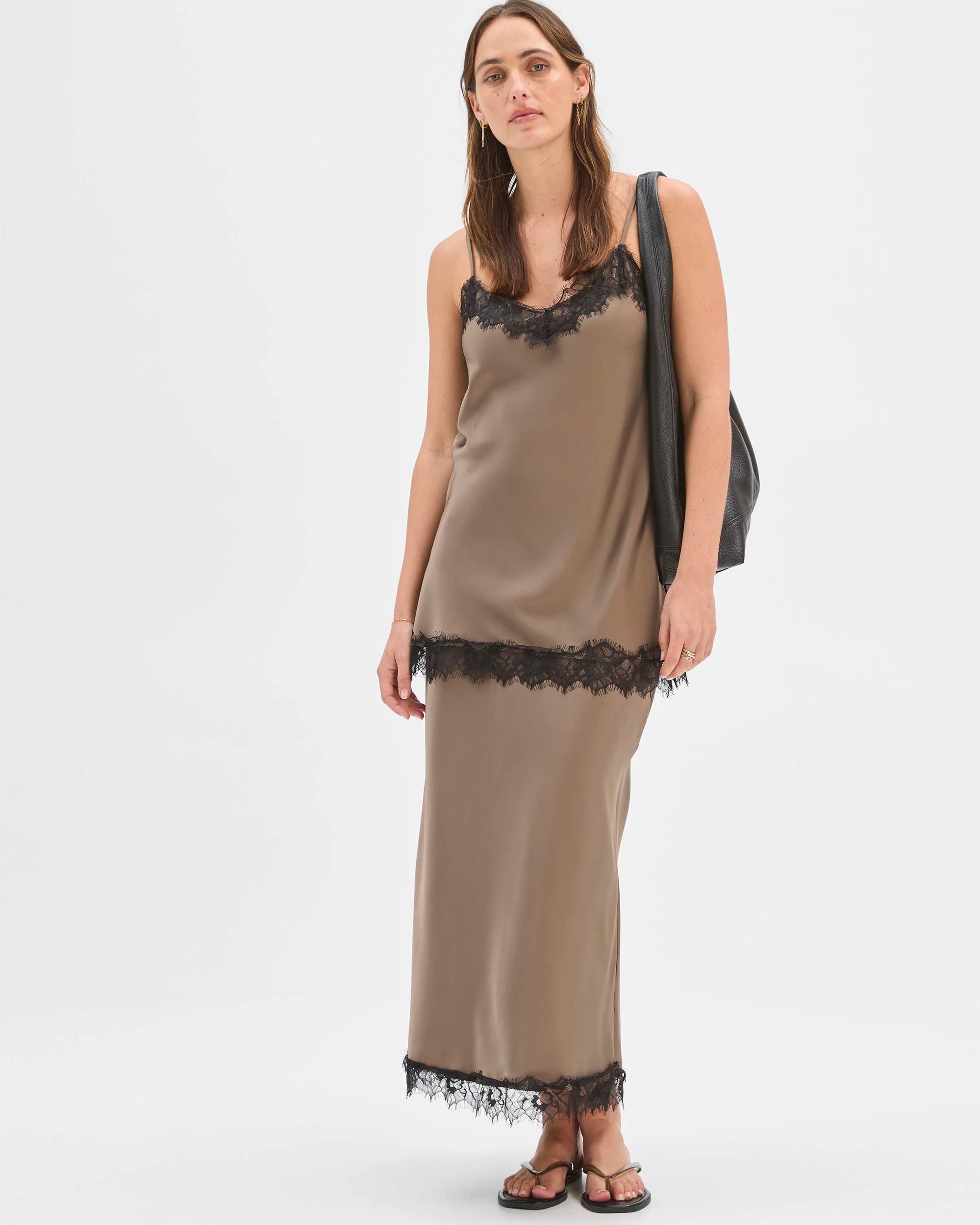 1 Preview Lace Trim Satin Midi Skirt SMOKED TAUPE, 1 of 7
