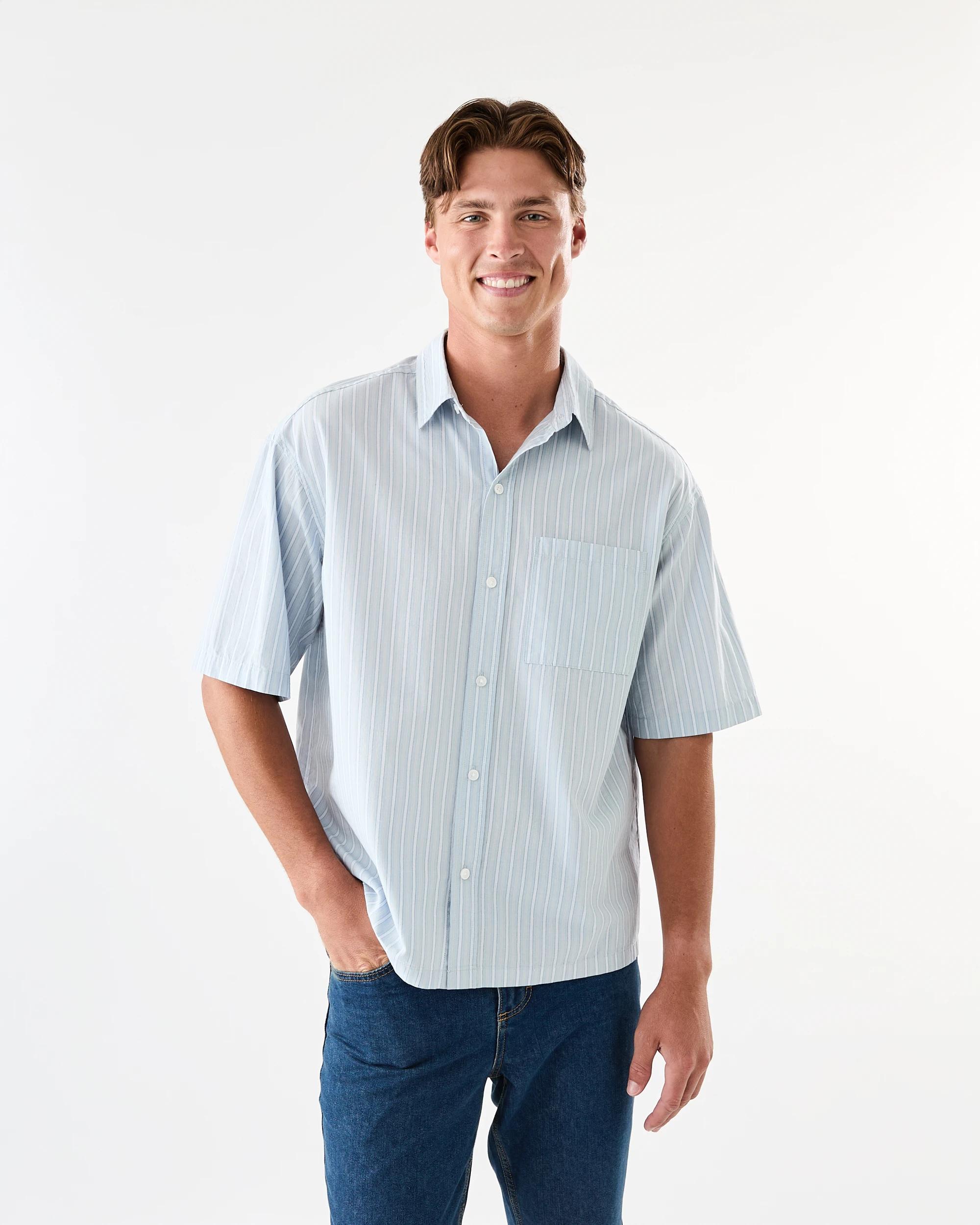 1 Short Sleeve Boxy Poplin Stripe Shirt Blu Stripe, 1 of 7