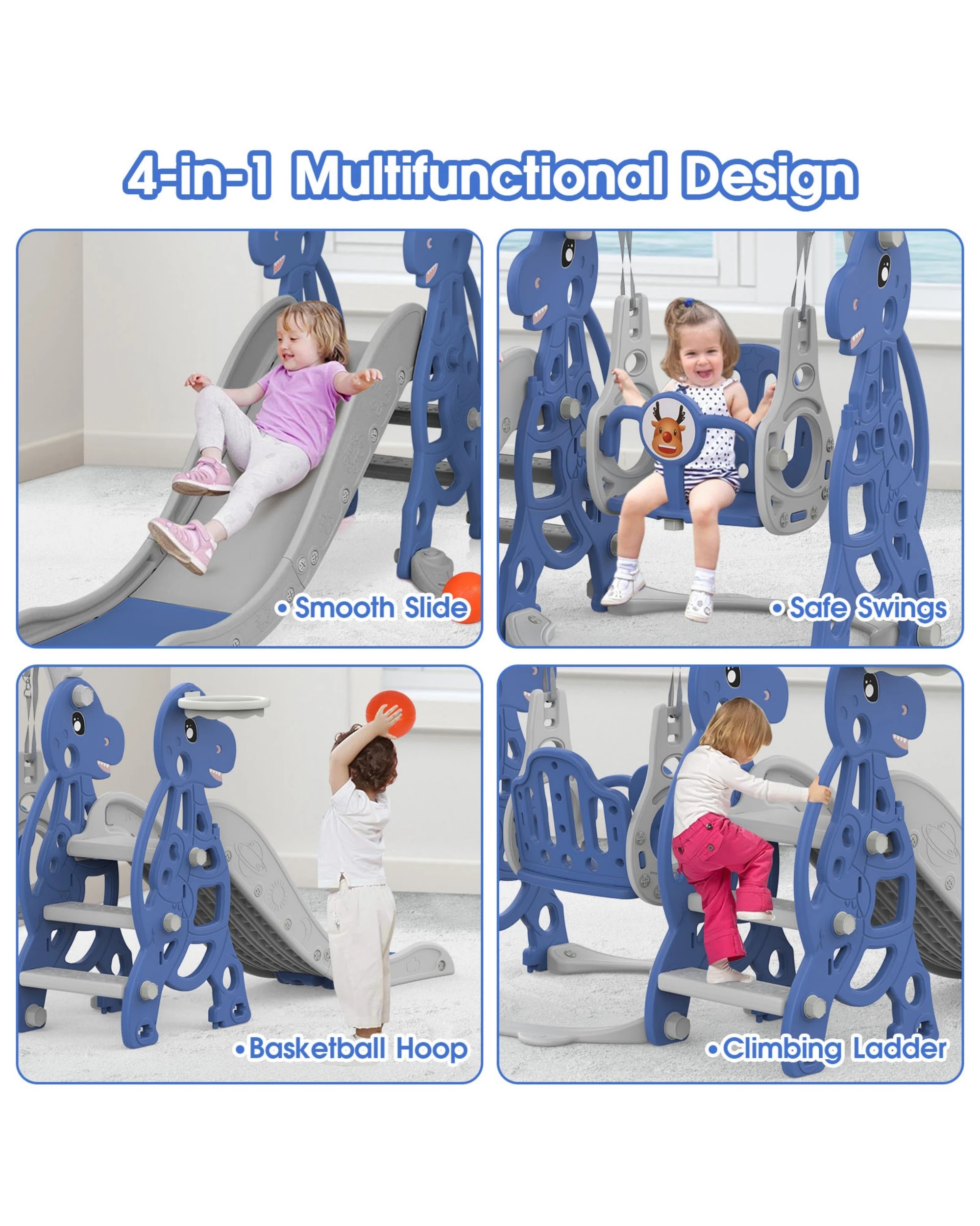 4 Advwin 4-in-1 Kids Slide Swing Set with Basketball Hoop Blue, 4 of 8