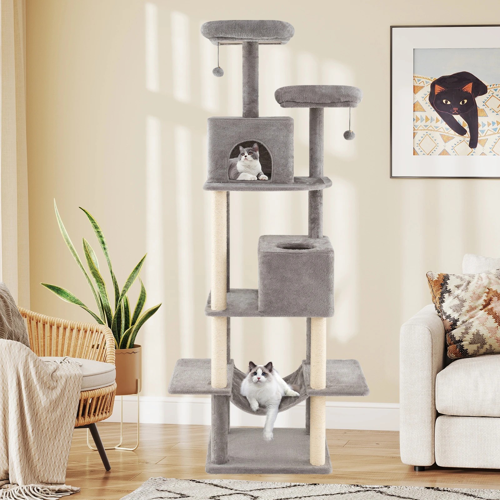 3 Costway 2M Multi-level Cat Tree Kitty Climbing Tower w/2 Condos & Hammock, 3 of 6