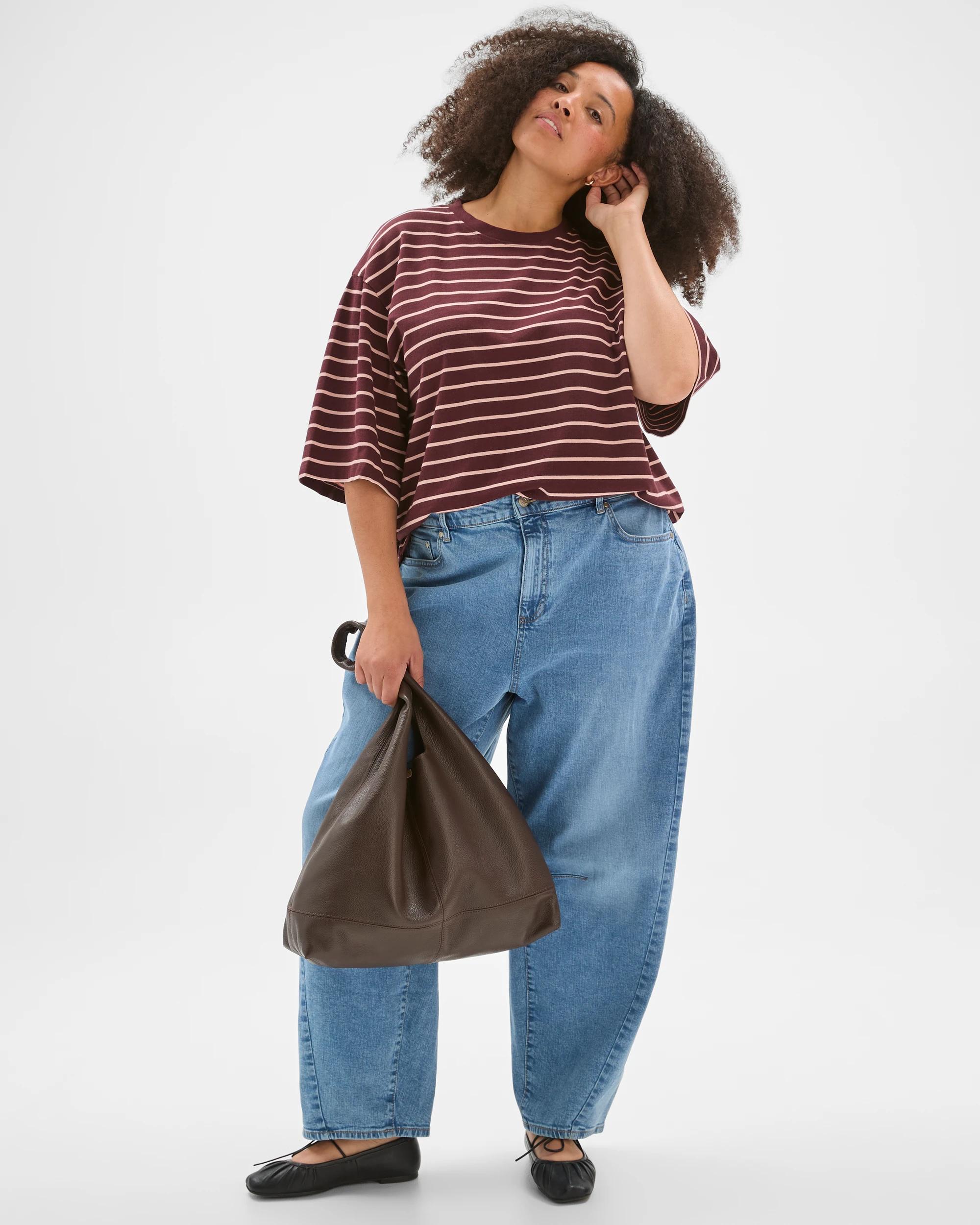 1 Target Curve Plus Size Australian Cotton Wide Sleeve Boxy T-Shirt BURGUNDY/SOFT BLUSH STRIPE, 1 of 9