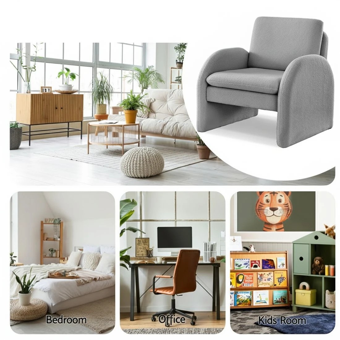 6 Artiss Armchair Accent Chair Lounge Tub Sofa Couch Curved Arm Seat Boucle - Grey, 6 of 6