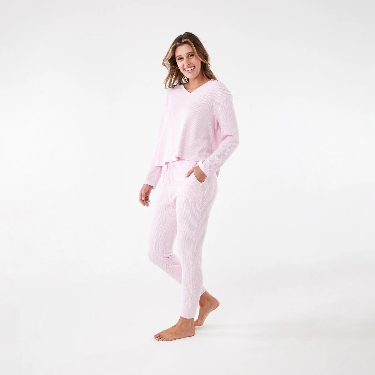 2 Waffle Long Sleeve Top and Pants Lounge Pyjama Set Pink Marle, 2 of 7