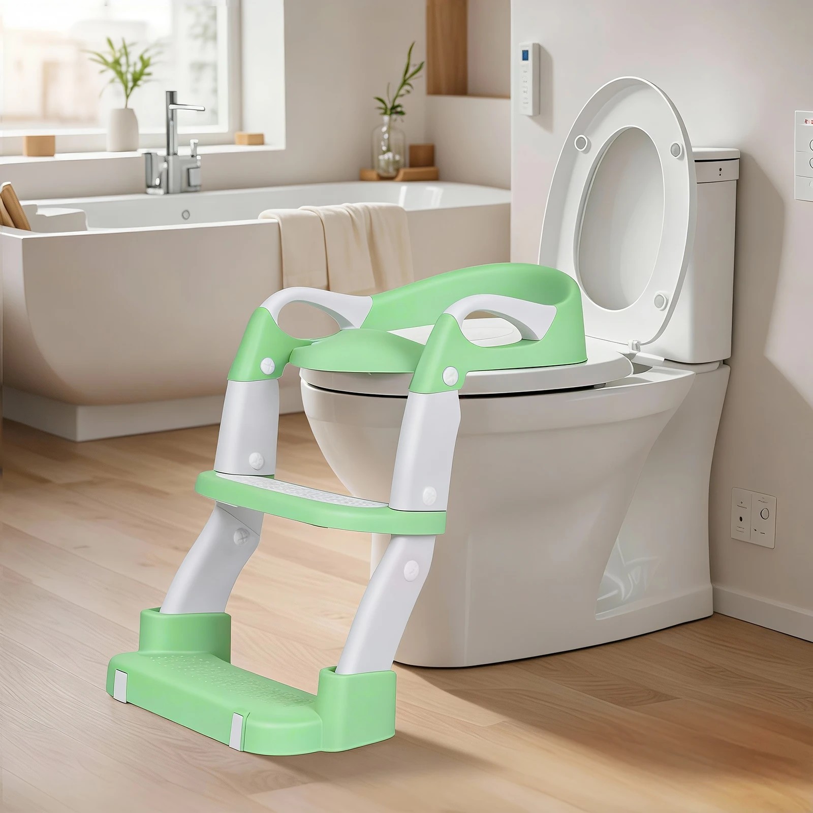 2 Advwin Foldable 2-in-1 Toddler Potty Training Seat with Stool Ladder Height Adjustable Toilet Training Seat - Green, 2 of 10