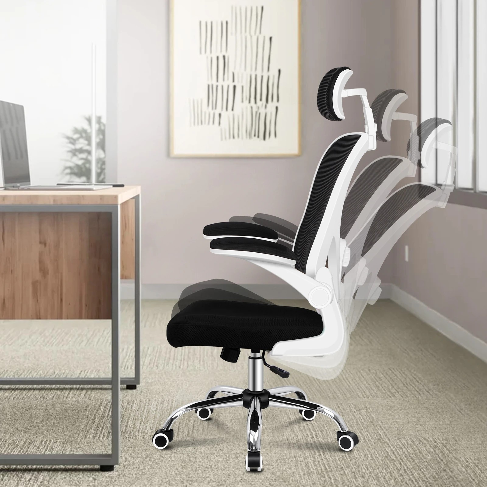 4 Alfordson Mesh Office Chair Executive Computer Gaming Fabric Seat - Black White, 4 of 10