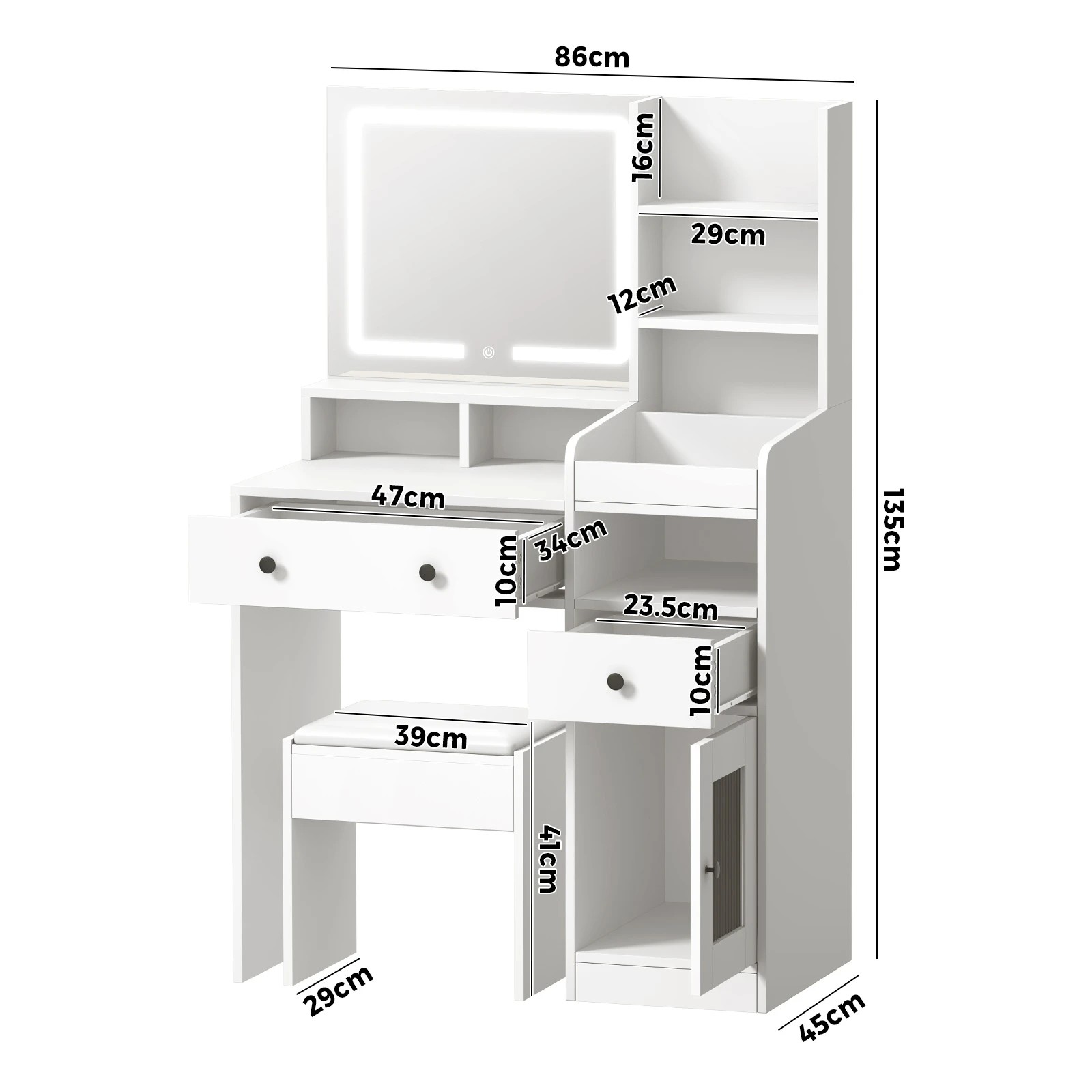 9 Oikiture Dressing Table Stool Set Makeup Mirror Led Light Vanity Desk
 - White, 9 of 9