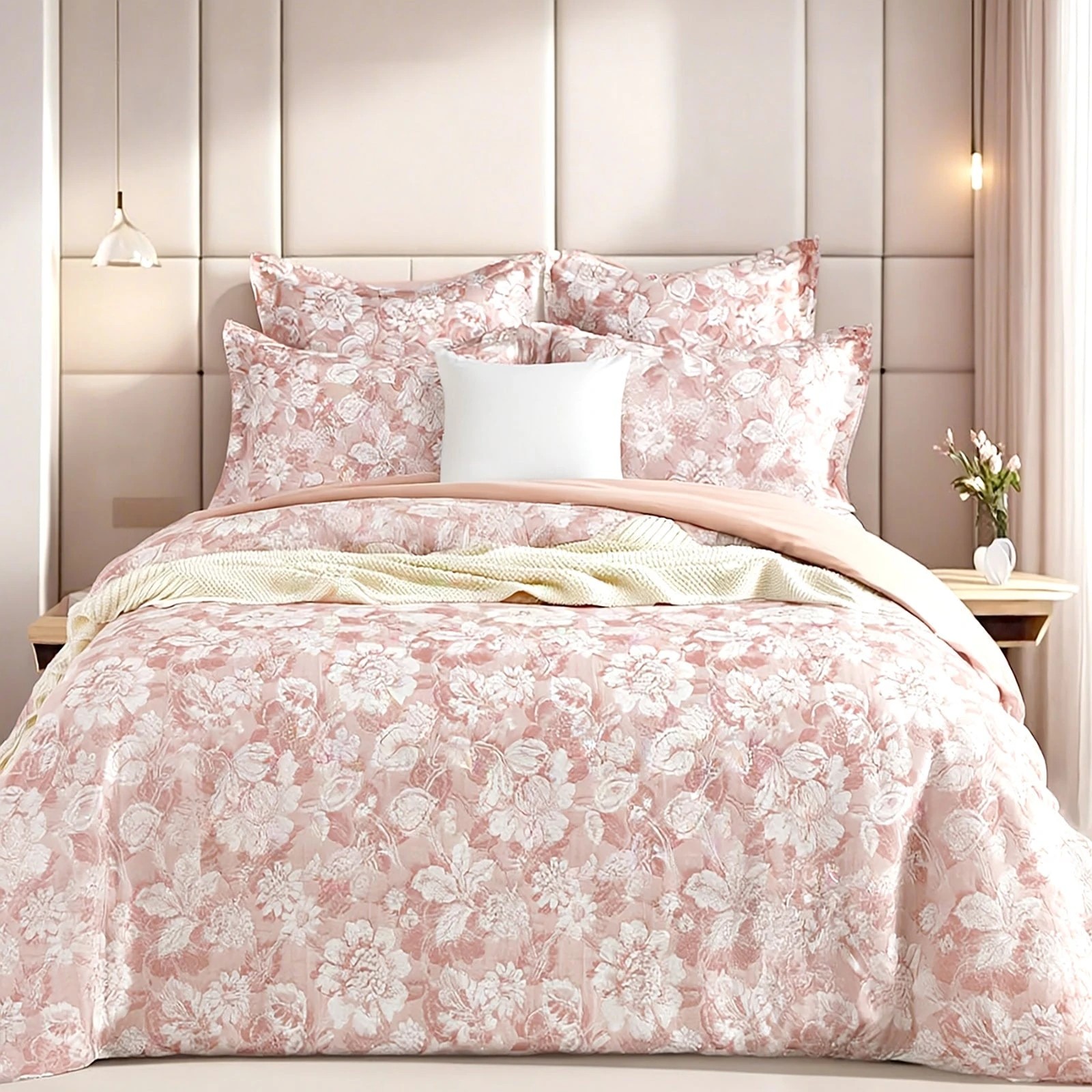 1 Renee Taylor Aura Cotton Blend Jacquard Quilt Cover Set, Blush Floral. - Blue, 1 of 4