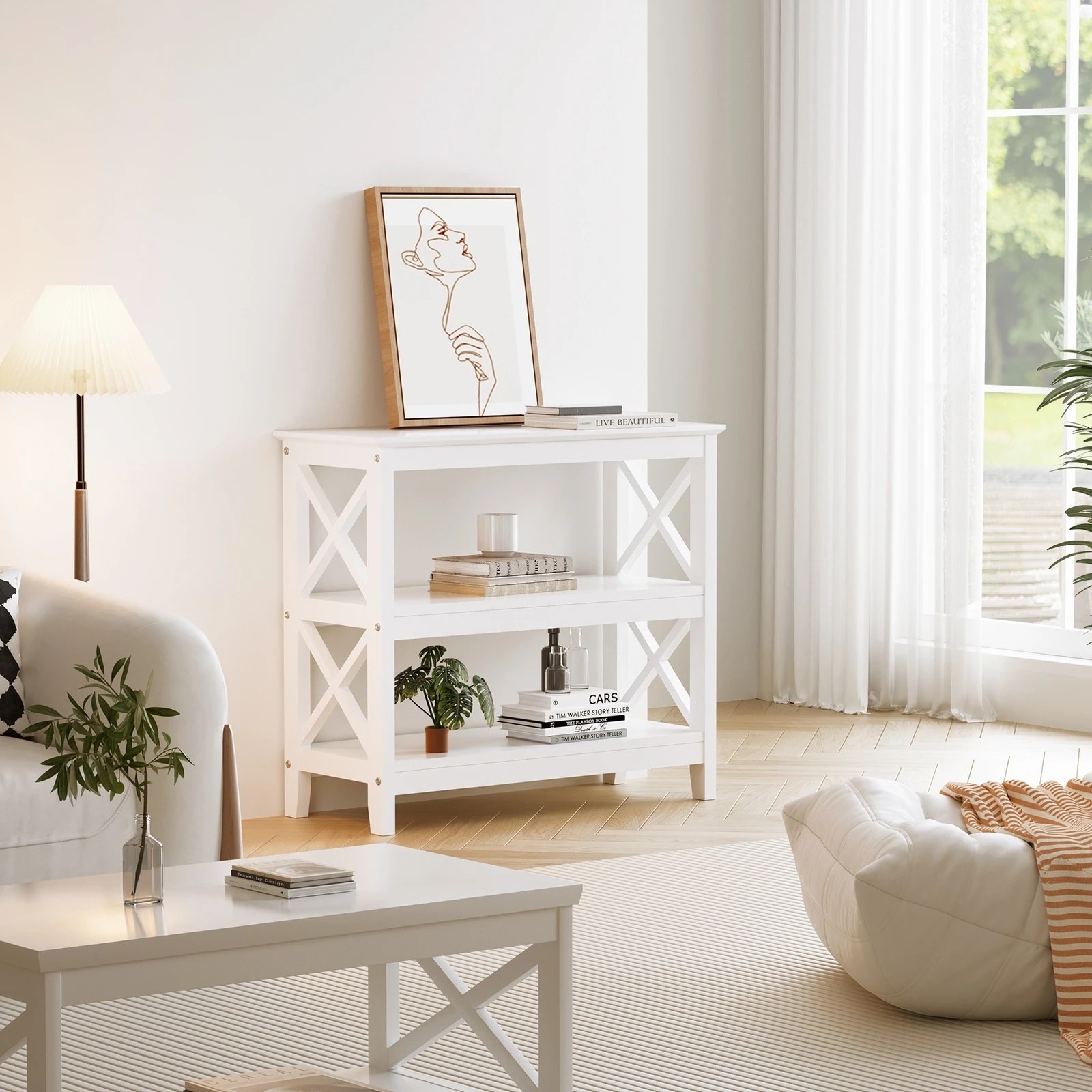 3 Oikiture 3-tier Console Table X-design Wood Sofa Table Hall Side Entry
 - White, 3 of 10