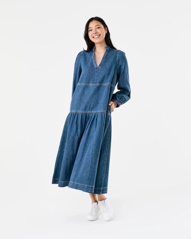 Long Sleeve Denim Notch Neck Maxi D