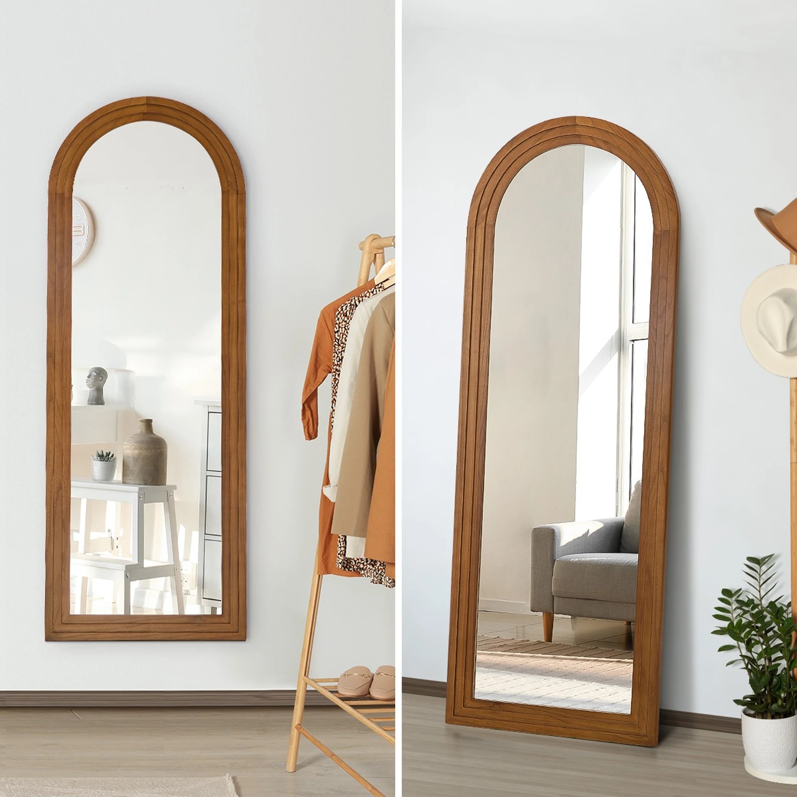 5 Oikiture Full Length Arch Mirror 165x60cm Wood Wall Mounted Home Decor - Brown, 5 of 10