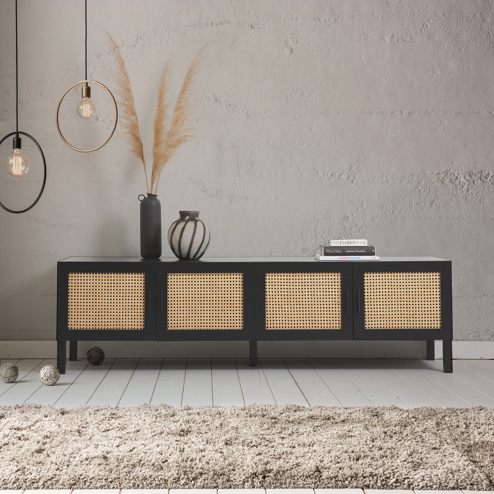 1 Casa Decor Tulum Rattan Entertainment Unit TV Stand Cabinet Storage Black - Black, 1 of 9