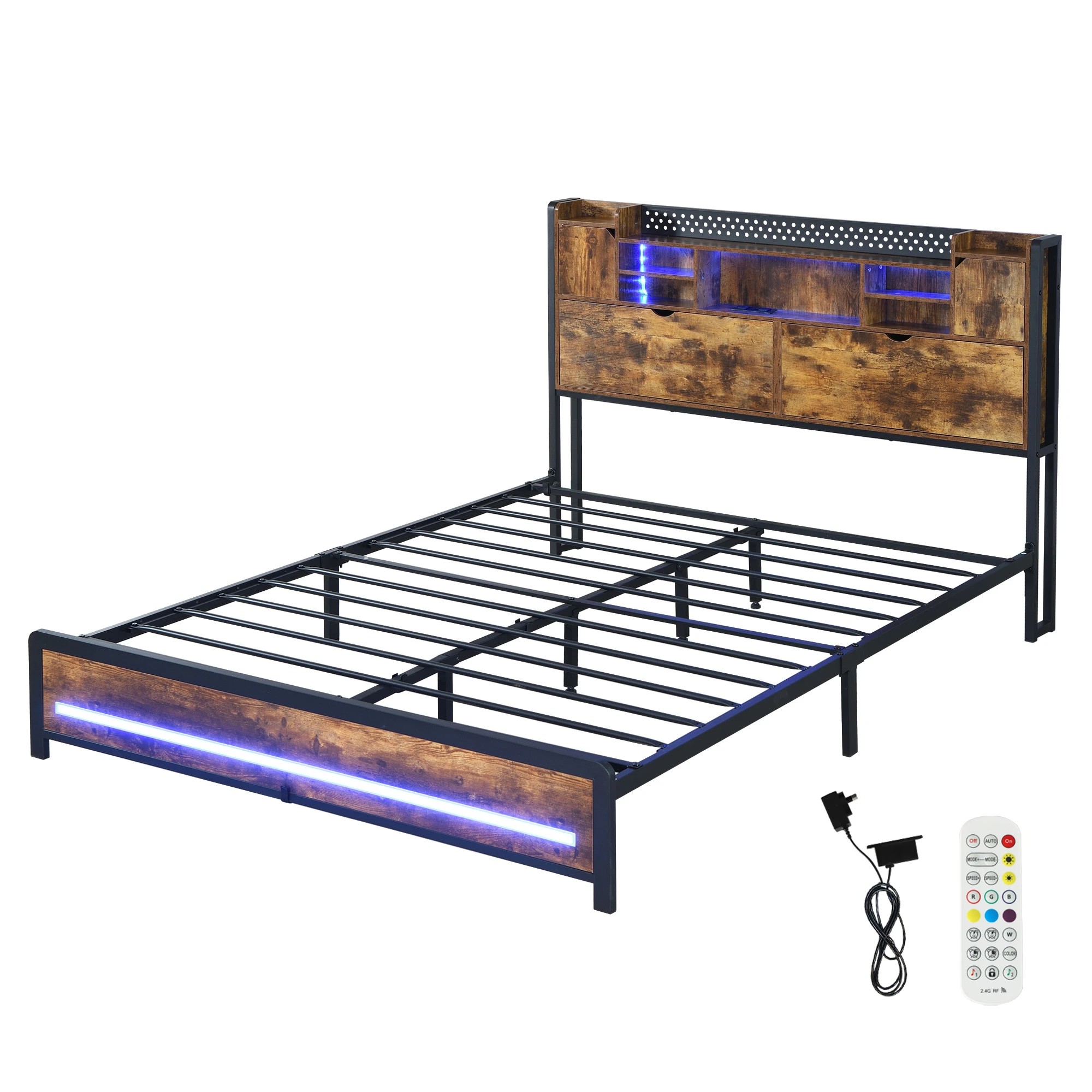 1 Levede Queen Bed Frame Storage Headboard Shelf Industrial RGB Light LED Charging, 1 of 9