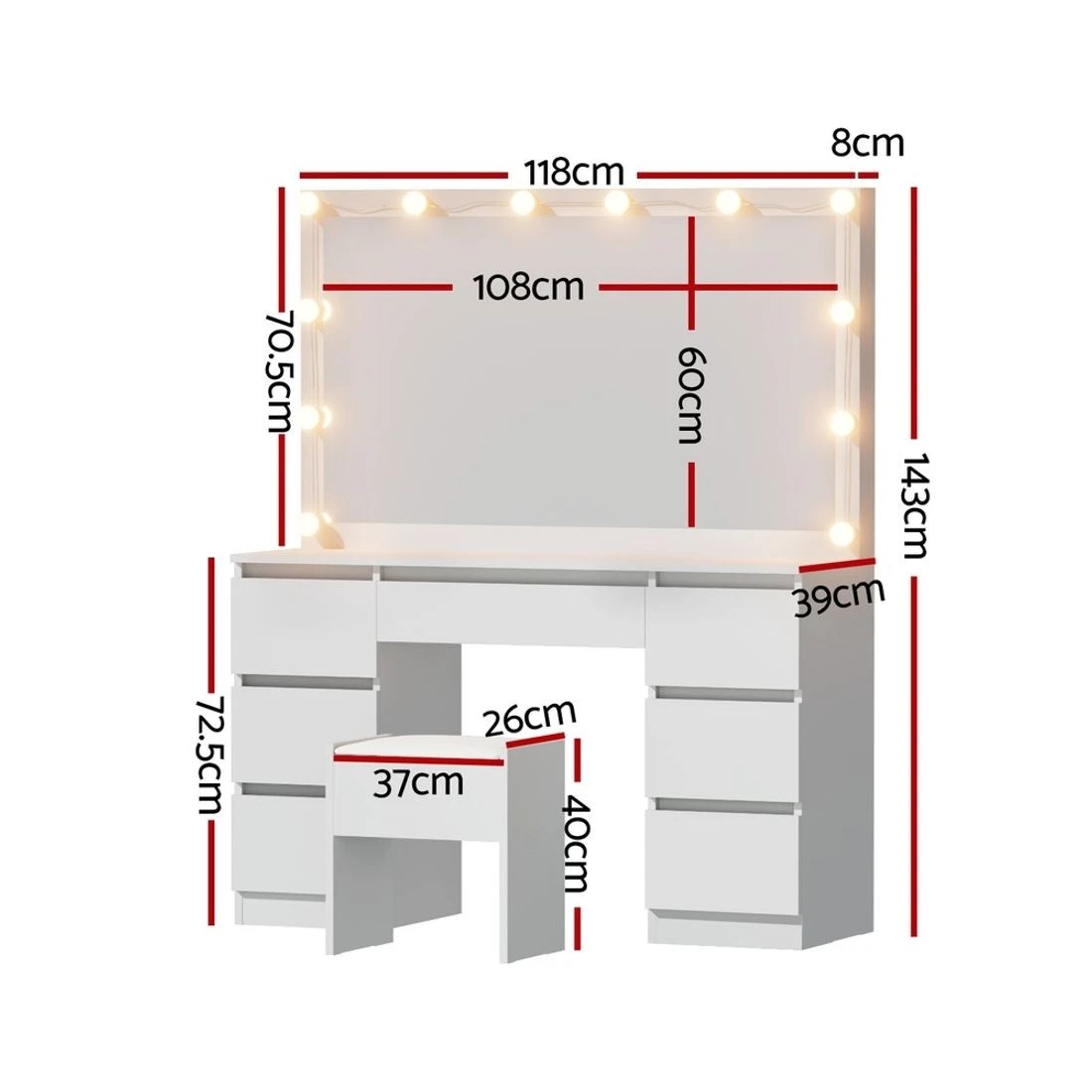 2 Artiss Dressing Table Vanity Desk Set Stool 12 Led Bulbs - White, 2 of 7