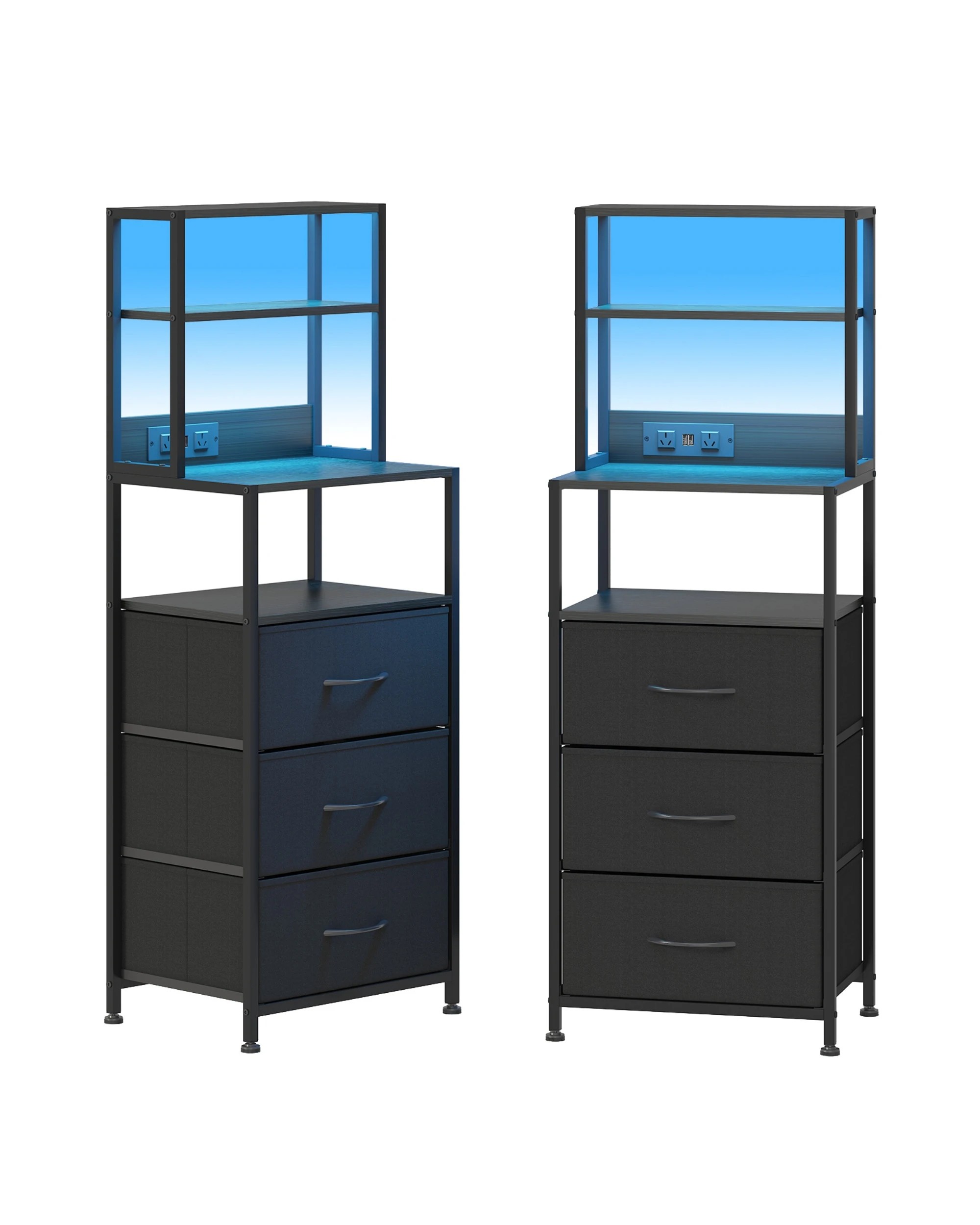 1 Advwin Set of 2 Led Bedside Table with Charging Station 3 Fabric Drawers - Black, 1 of 8
