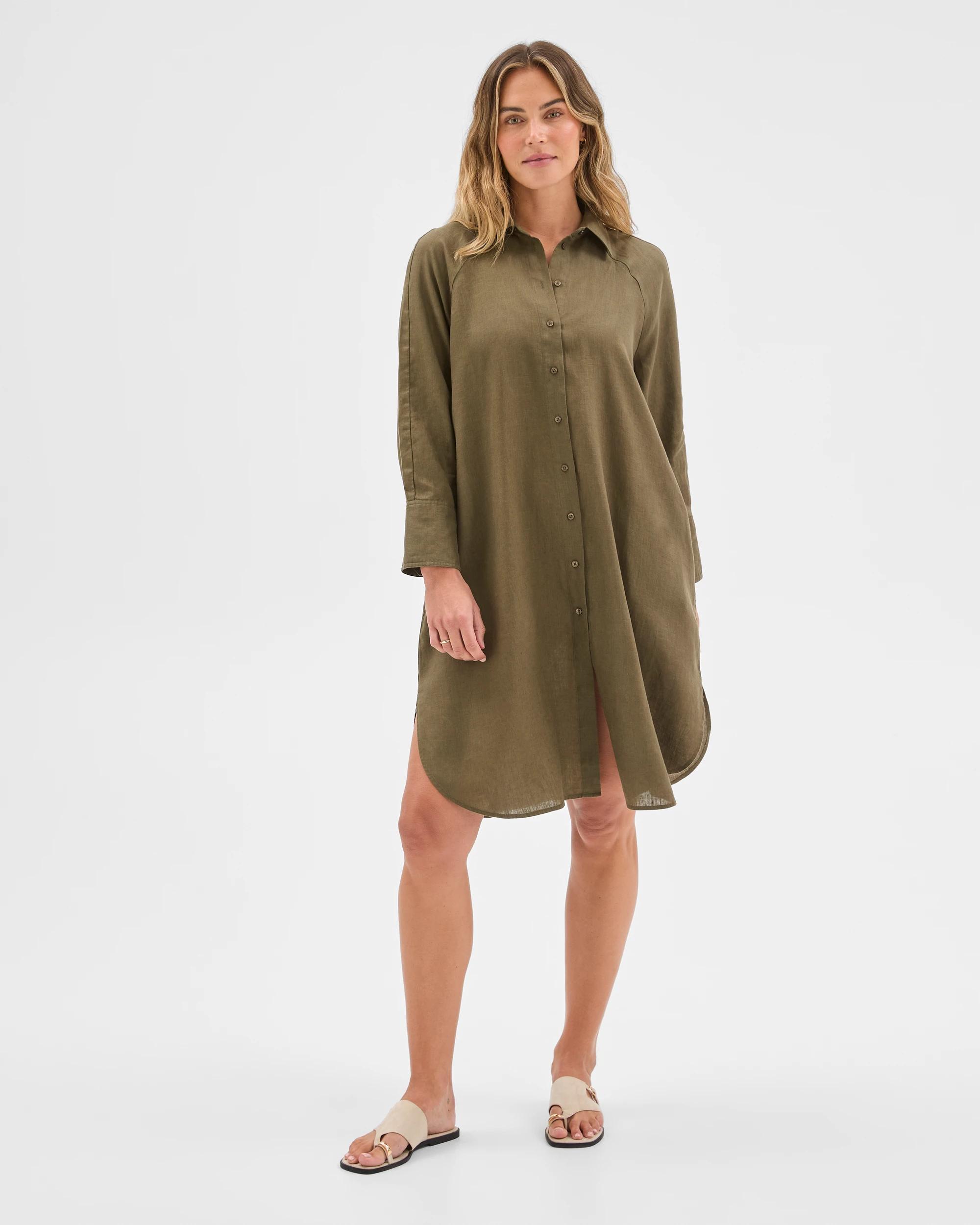 2 Target Woman European Linen 3/4 Sleeve Midi Shirt Dress DUSTY MOSS, 2 of 6