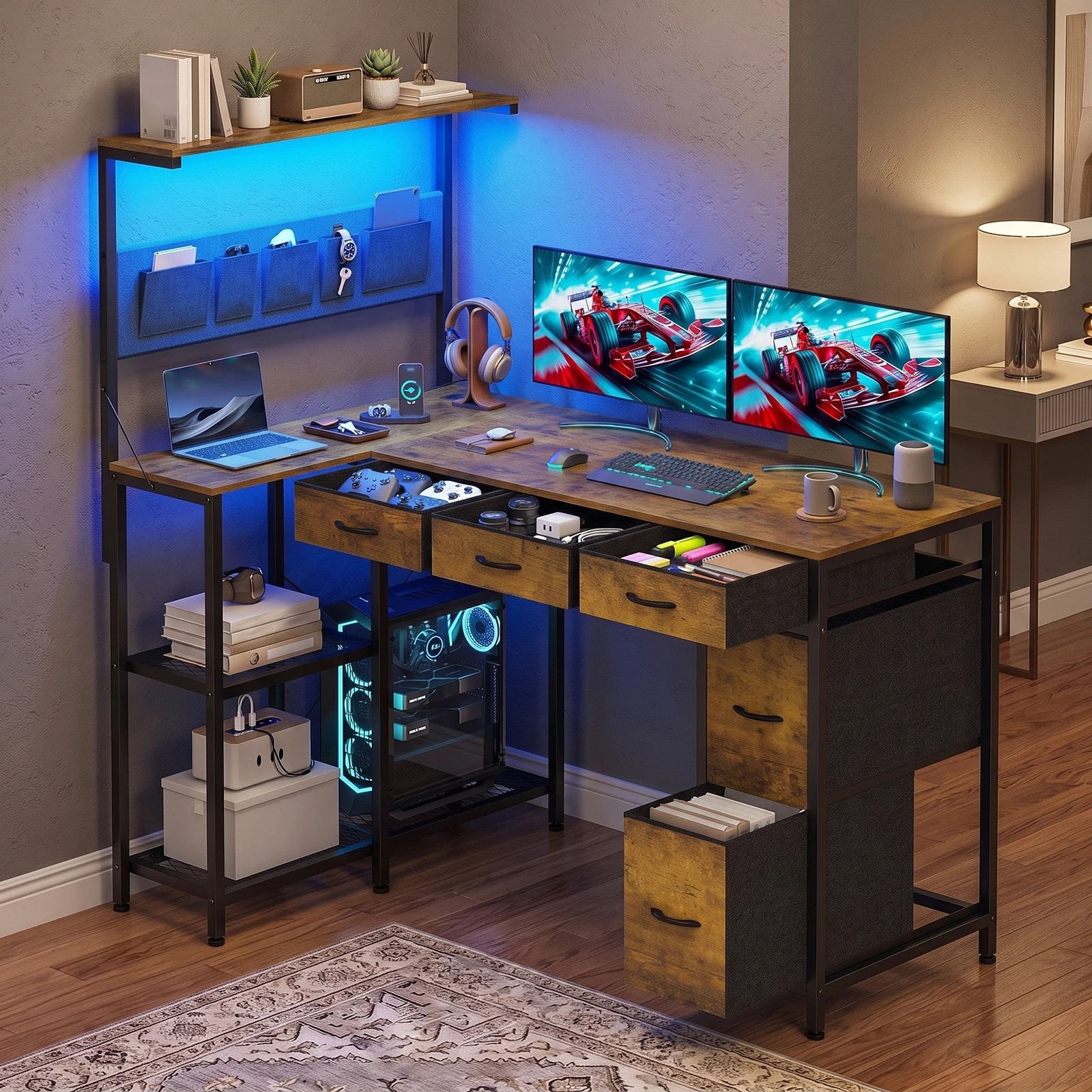 5 Advwin Gaming Desk with Power Outlets Reversible Corner Computer Desk with Storage Shelf Fabric Drawer and Bag - Brown, 5 of 7
