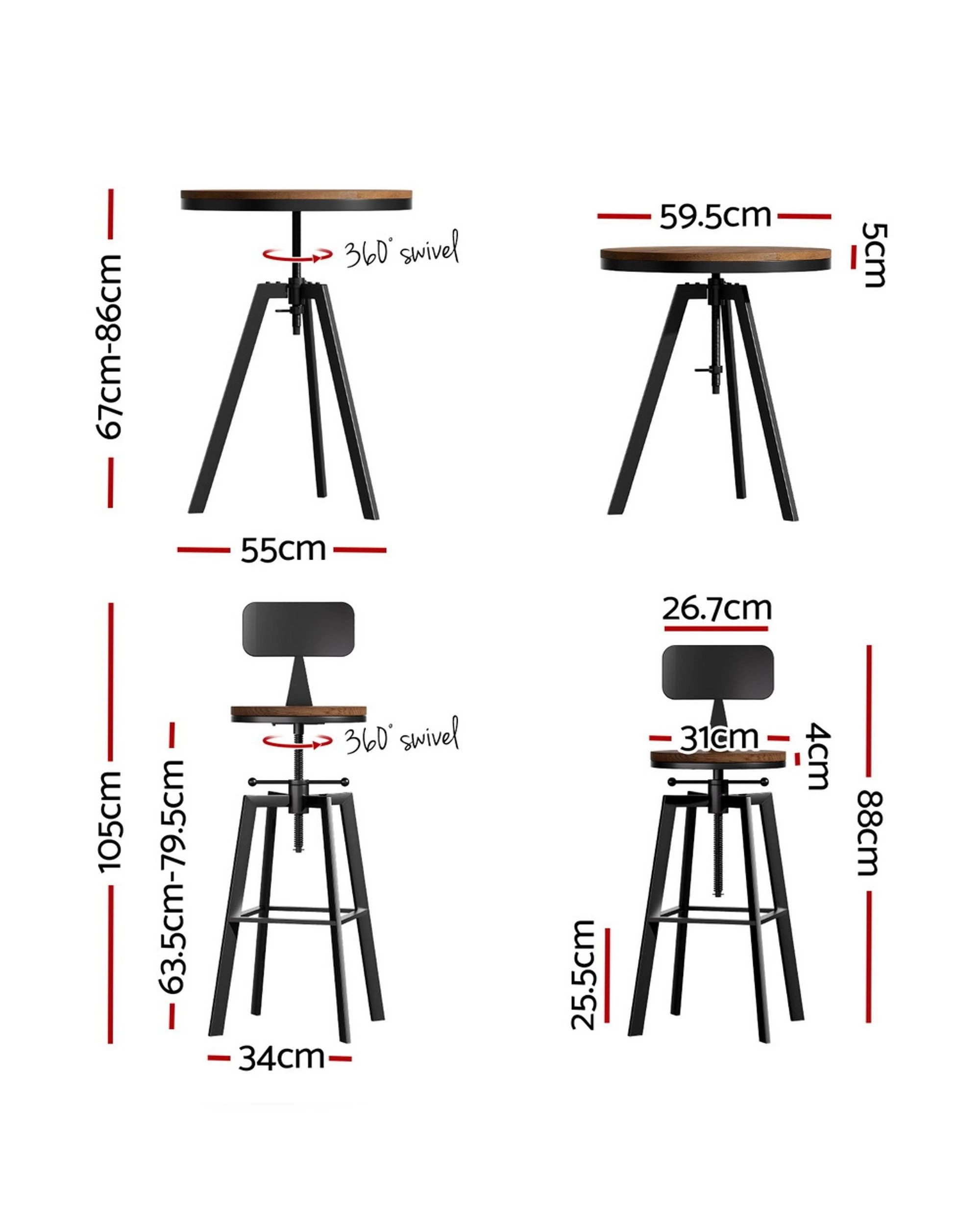 2 Artiss Bar Table And Stools Set Dining Desk Industrial Kitchen Chairs Cafe Pub
 - Brown, 2 of 3