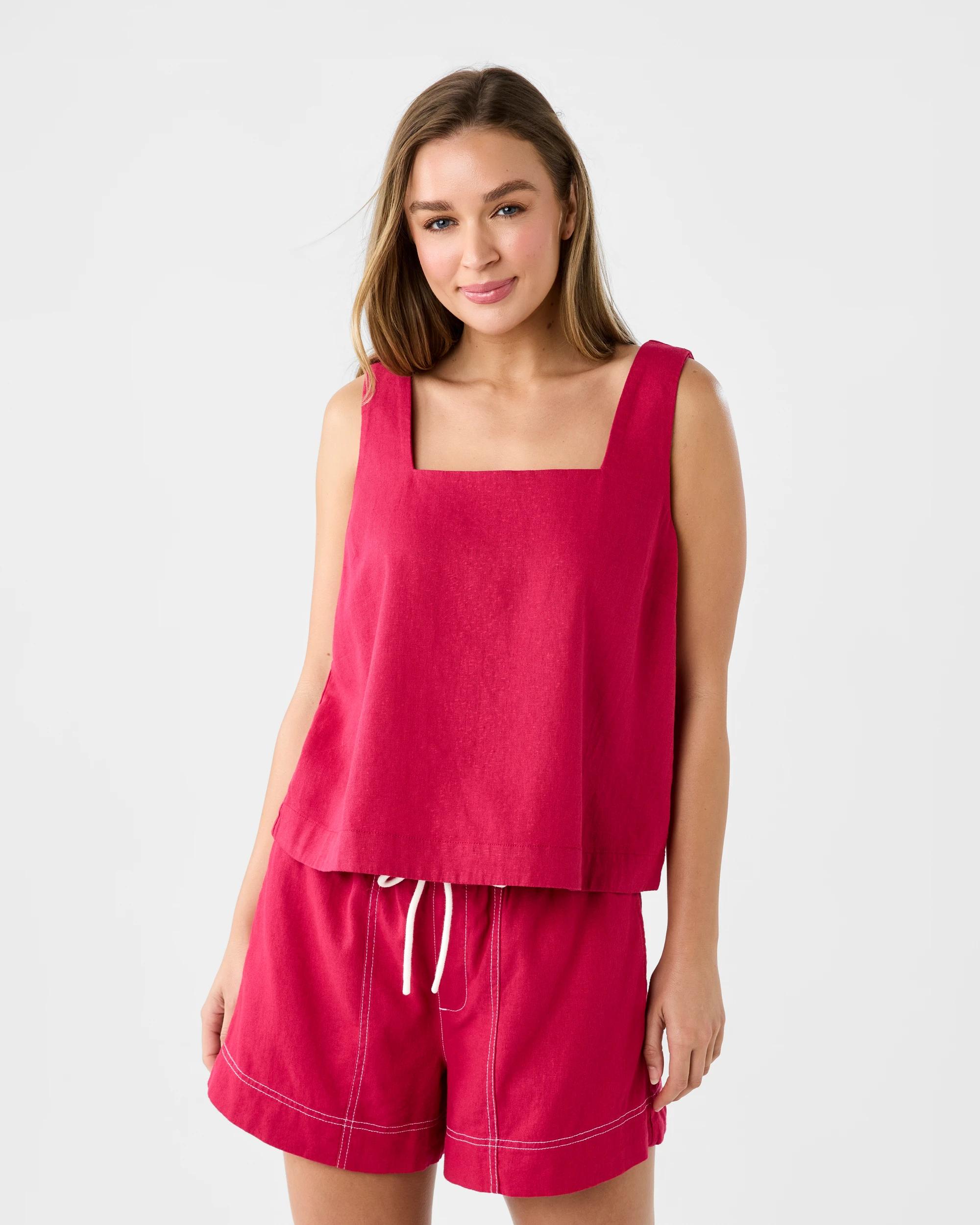 1 Sleeveless Linen Blend Square Neck Tank Dark Pink, 1 of 6